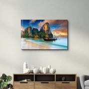 Boat on the Beach - Far East | Glass Wall Art - Artdesigna