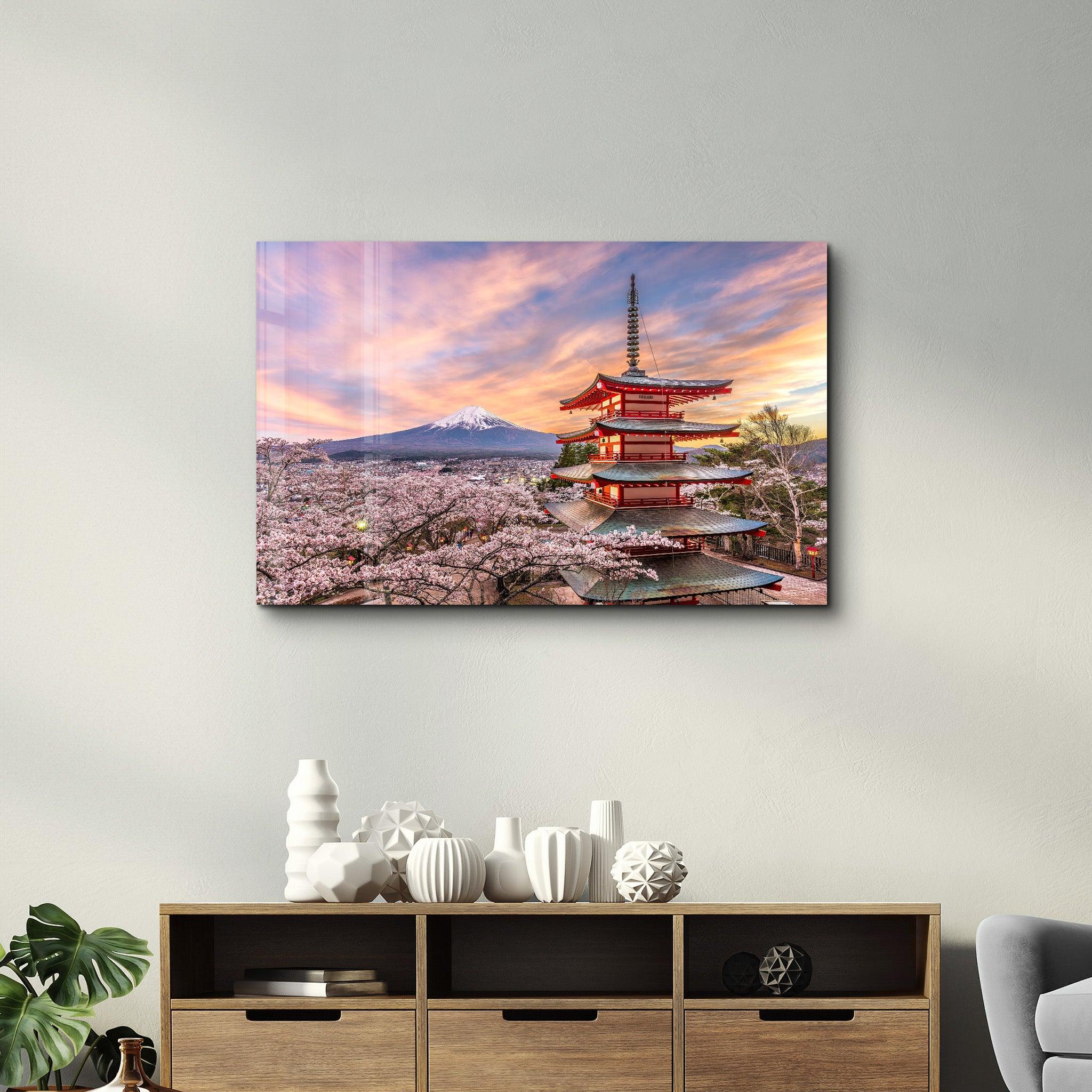 Fujiyoshida, Japan at Chureito Pagoda and Mt. Fuji in the spring with cherry blossoms | Glass Wall Art - Artdesigna