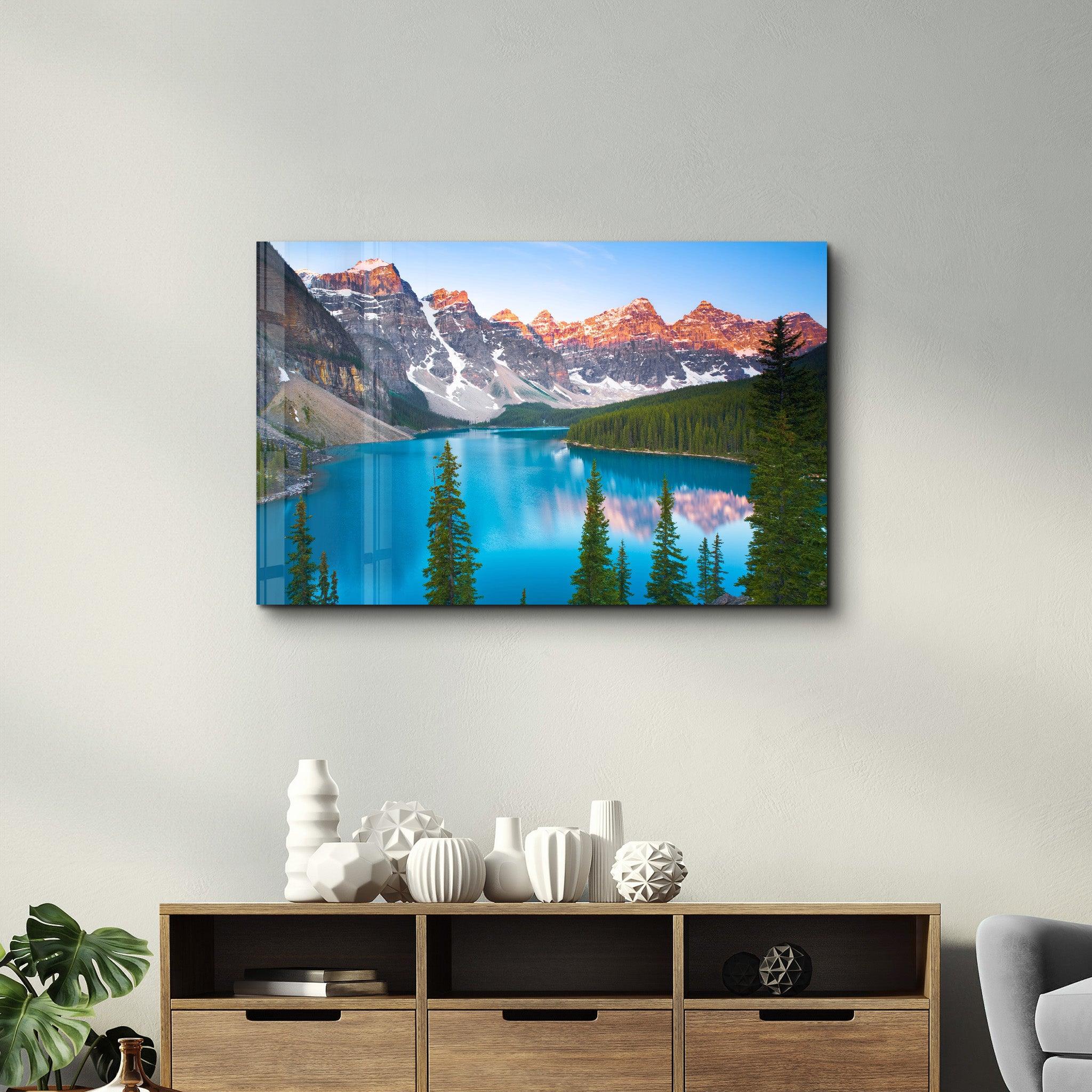 Dawn over Moraine Lake in Canada's Banff National Park | Glass Wall Art - Artdesigna