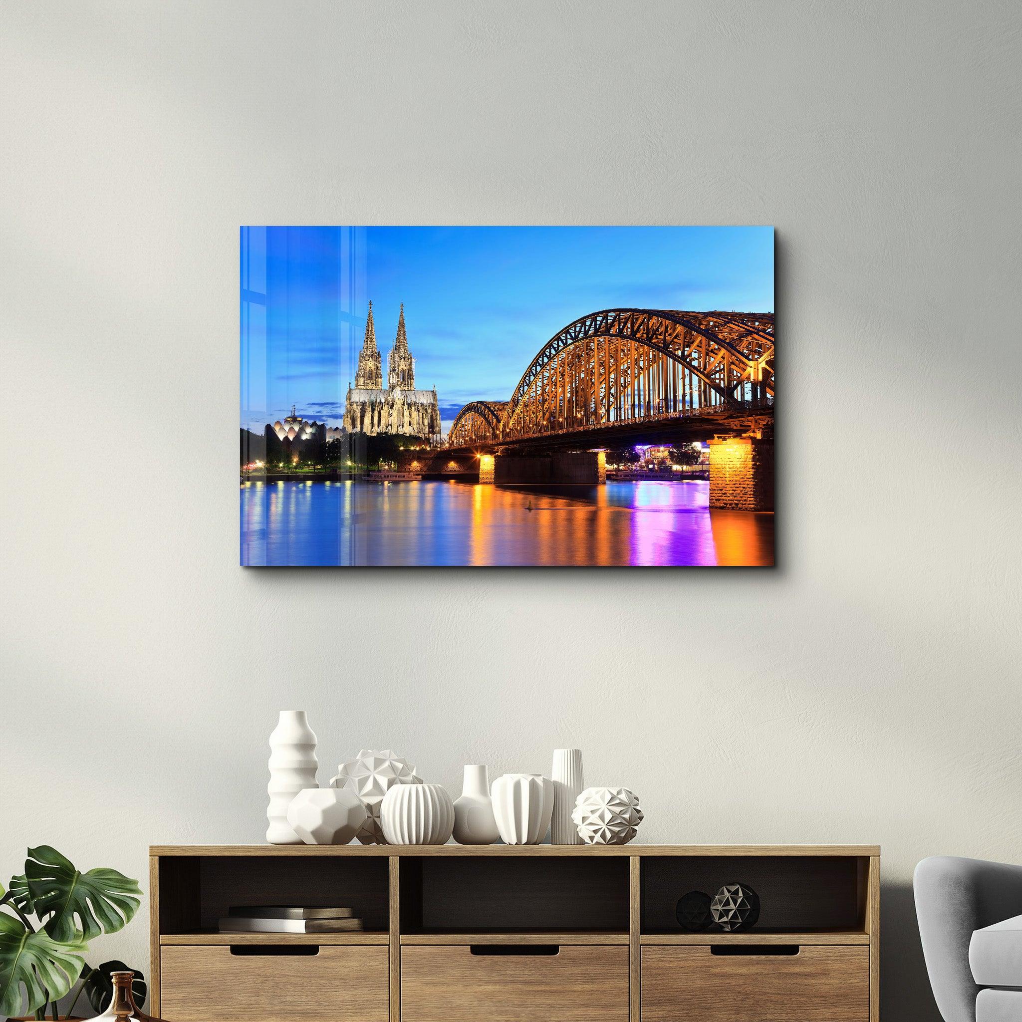 Cologne Dom and city skyline at night, Cologne, Germany | Glass Wall Art - Artdesigna