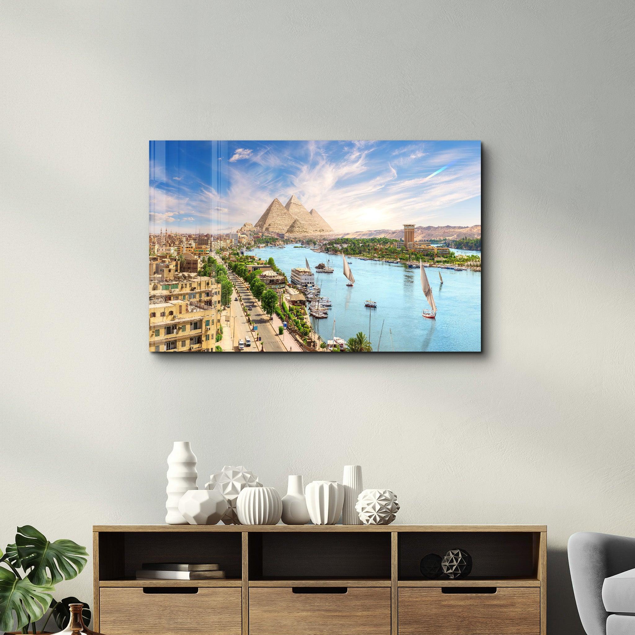 Pyramid Complex in Aswan city by the Nile, aerial view, Egypt | Glass Wall Art - Artdesigna