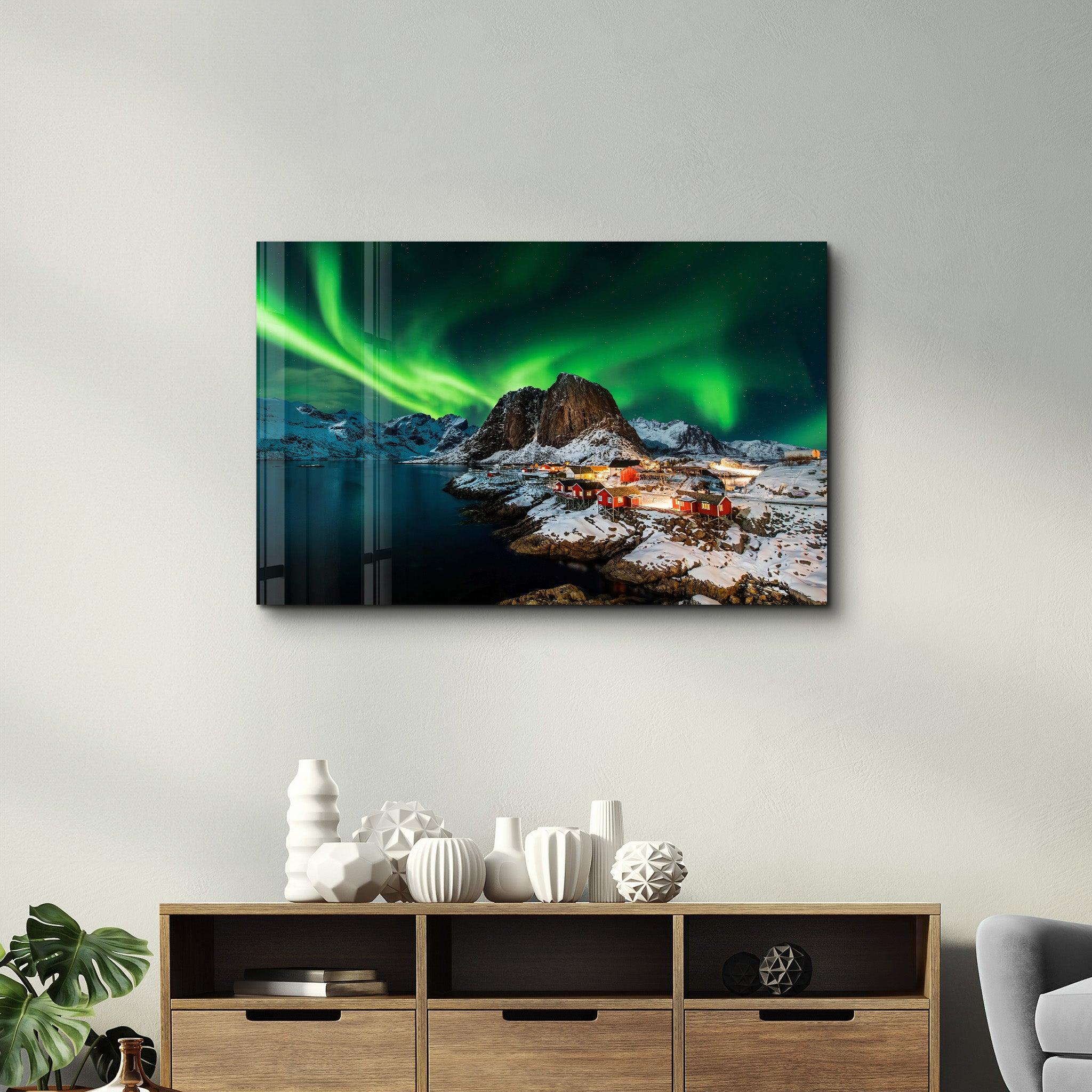 Aurora borealis over Hamnoy in Norway | Glass Wall Art - Artdesigna