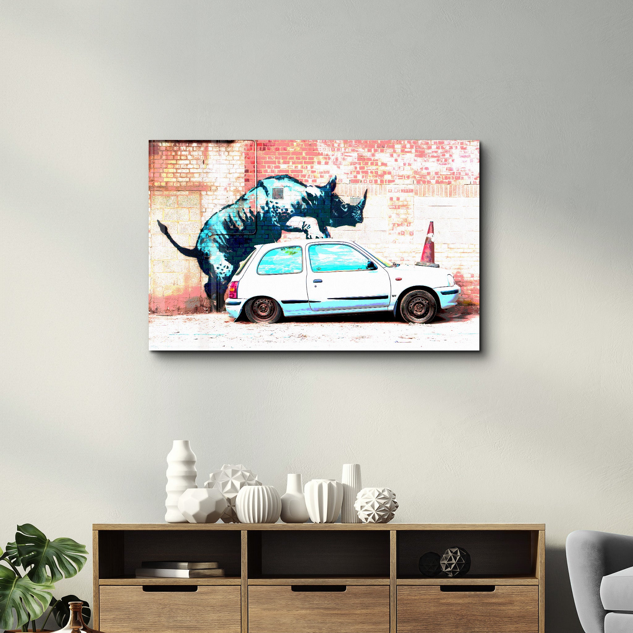 Banksy - Rhino on the Car - Glass Wall Art - Artdesigna