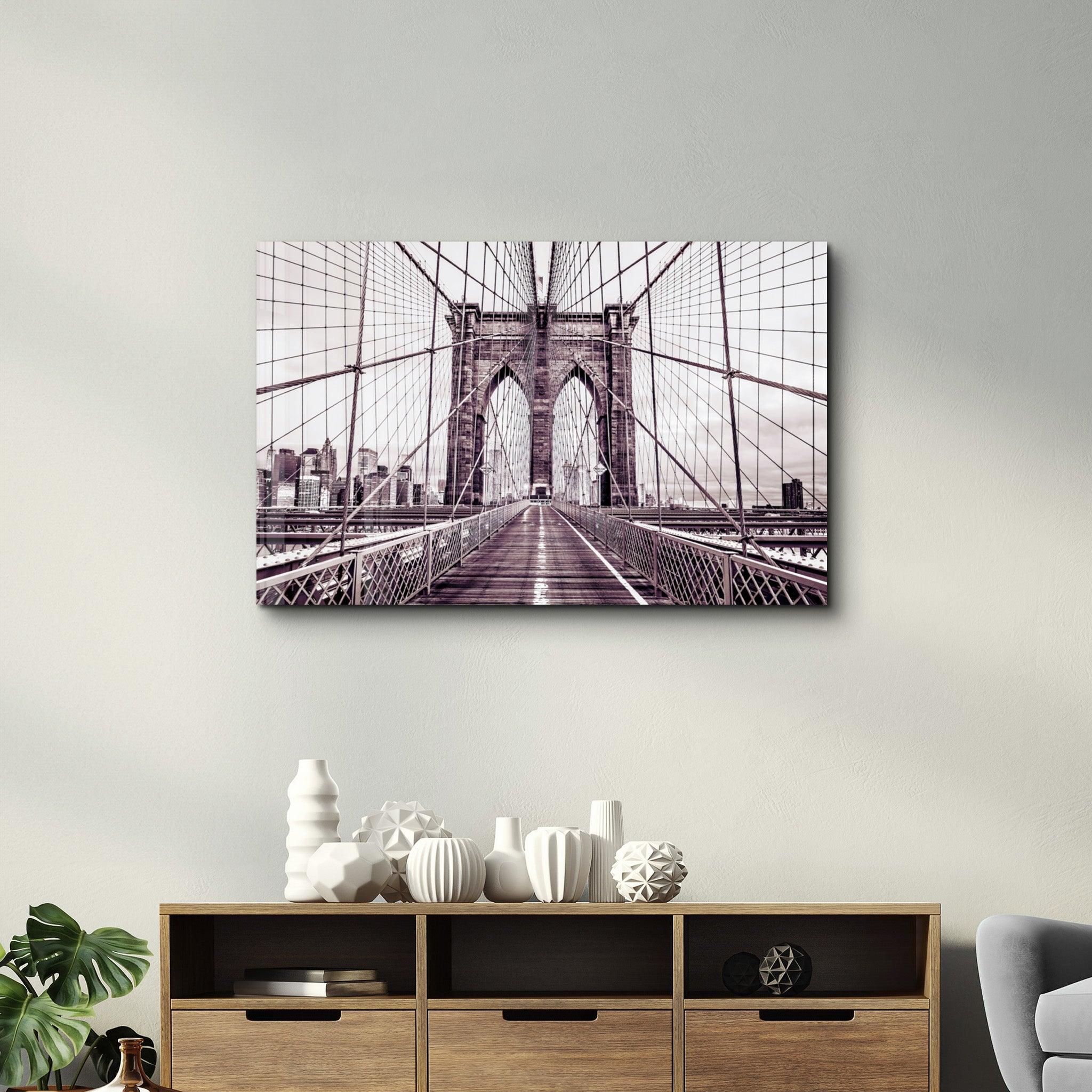 Brooklyn Bridge Retro Bronze | Glass Wall Art - Artdesigna