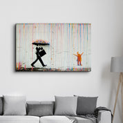 Banksy Umbrella Man Rainbow Rain Girl Glass Wall Art - Artdesigna