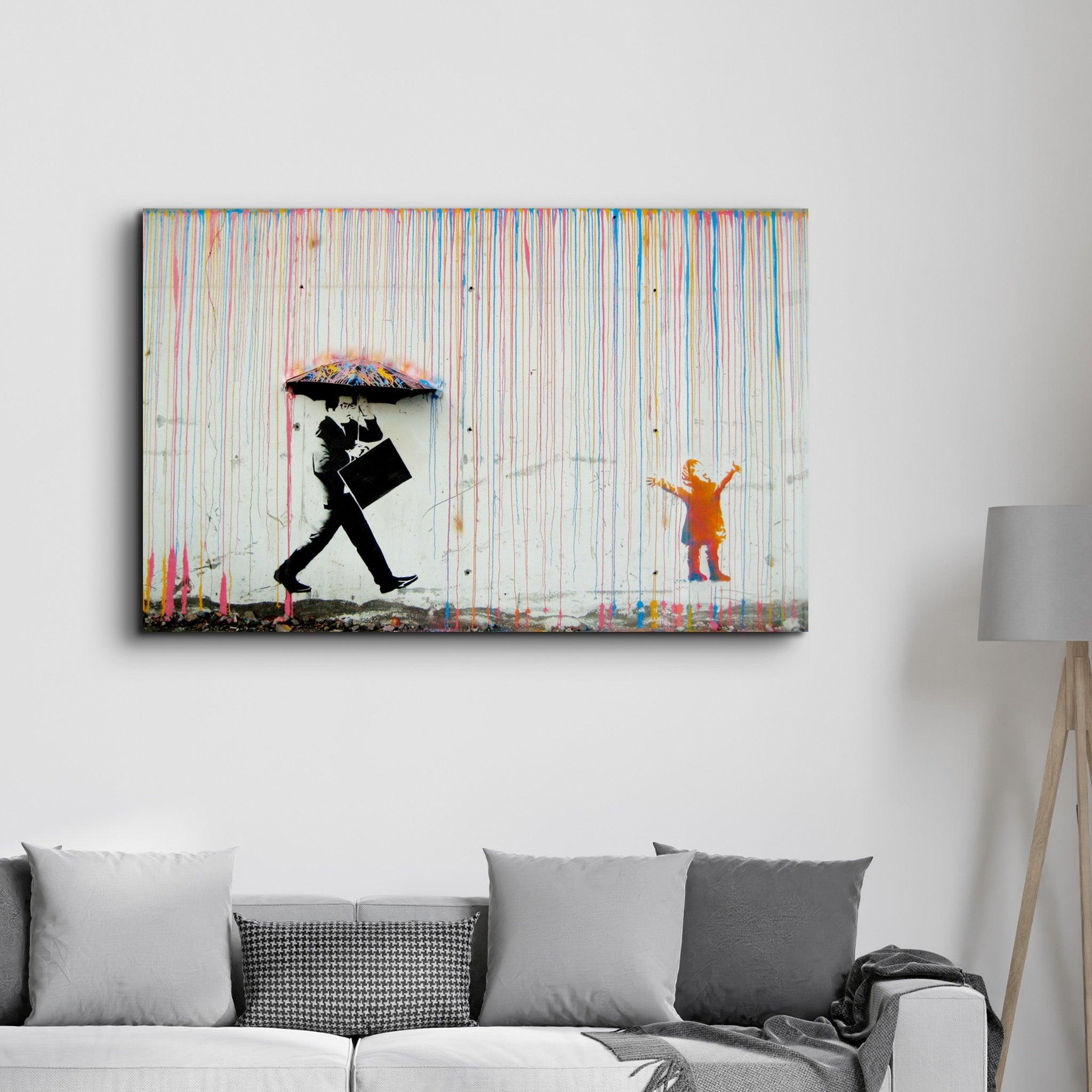 Banksy Umbrella Man Rainbow Rain Girl Glass Wall Art - Artdesigna