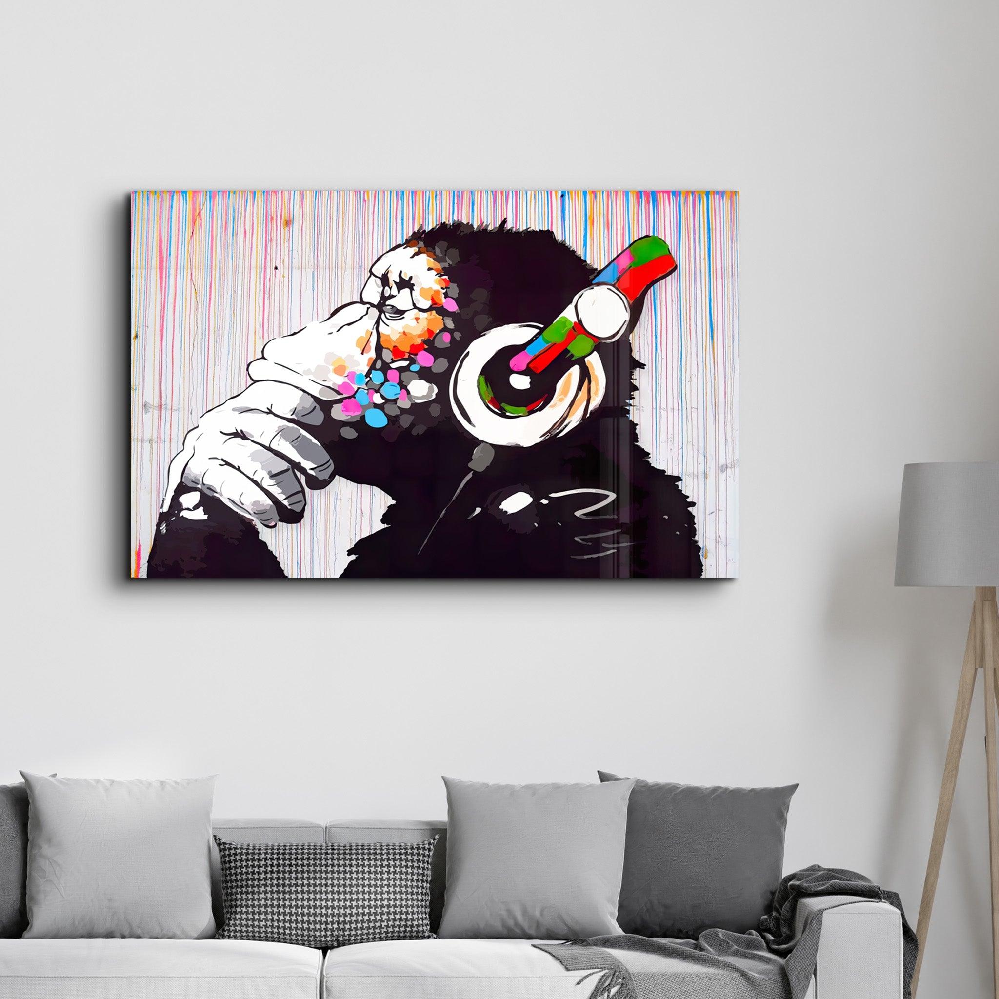 Banksy Monkey Beat Glass Wall Art - Artdesigna