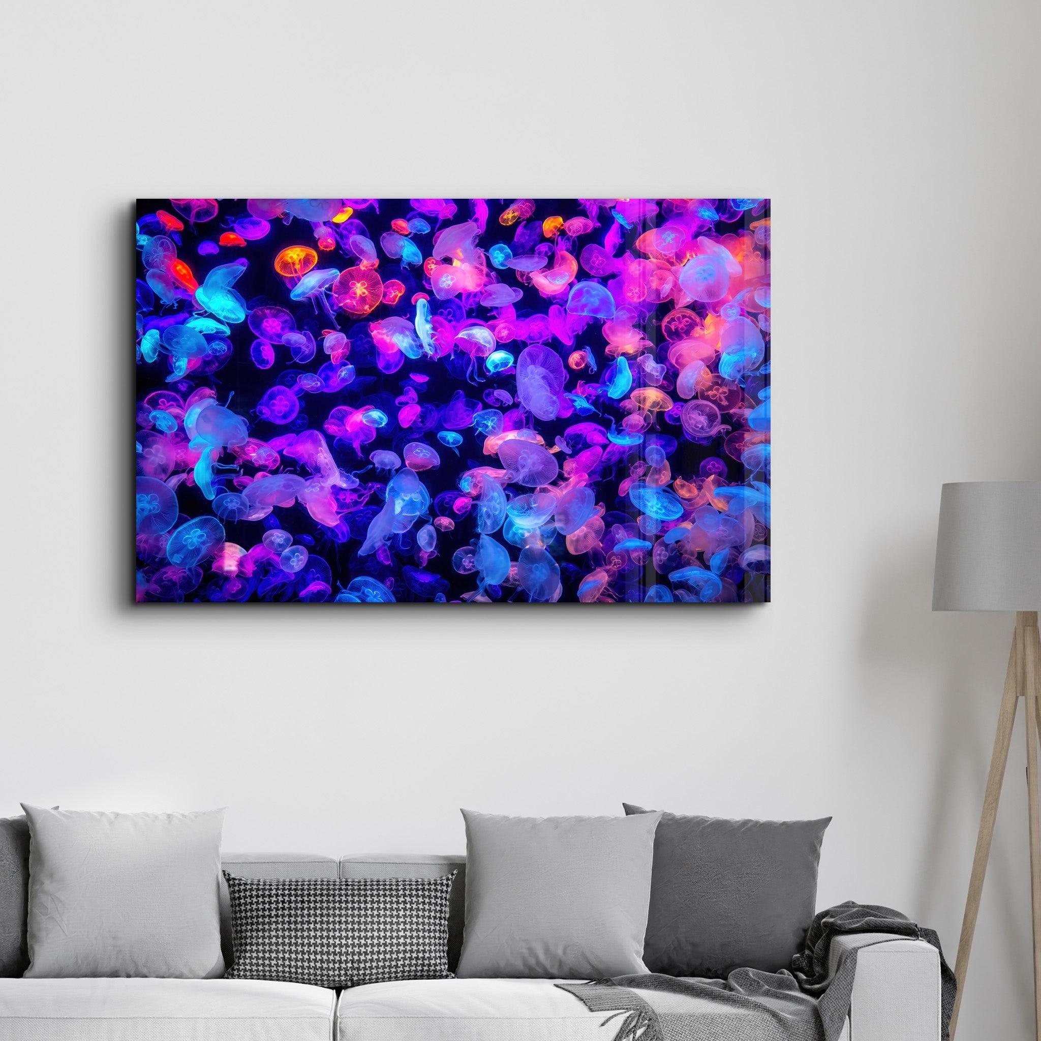 The Colorful Jellyfishes | Glass Wall Art - Artdesigna