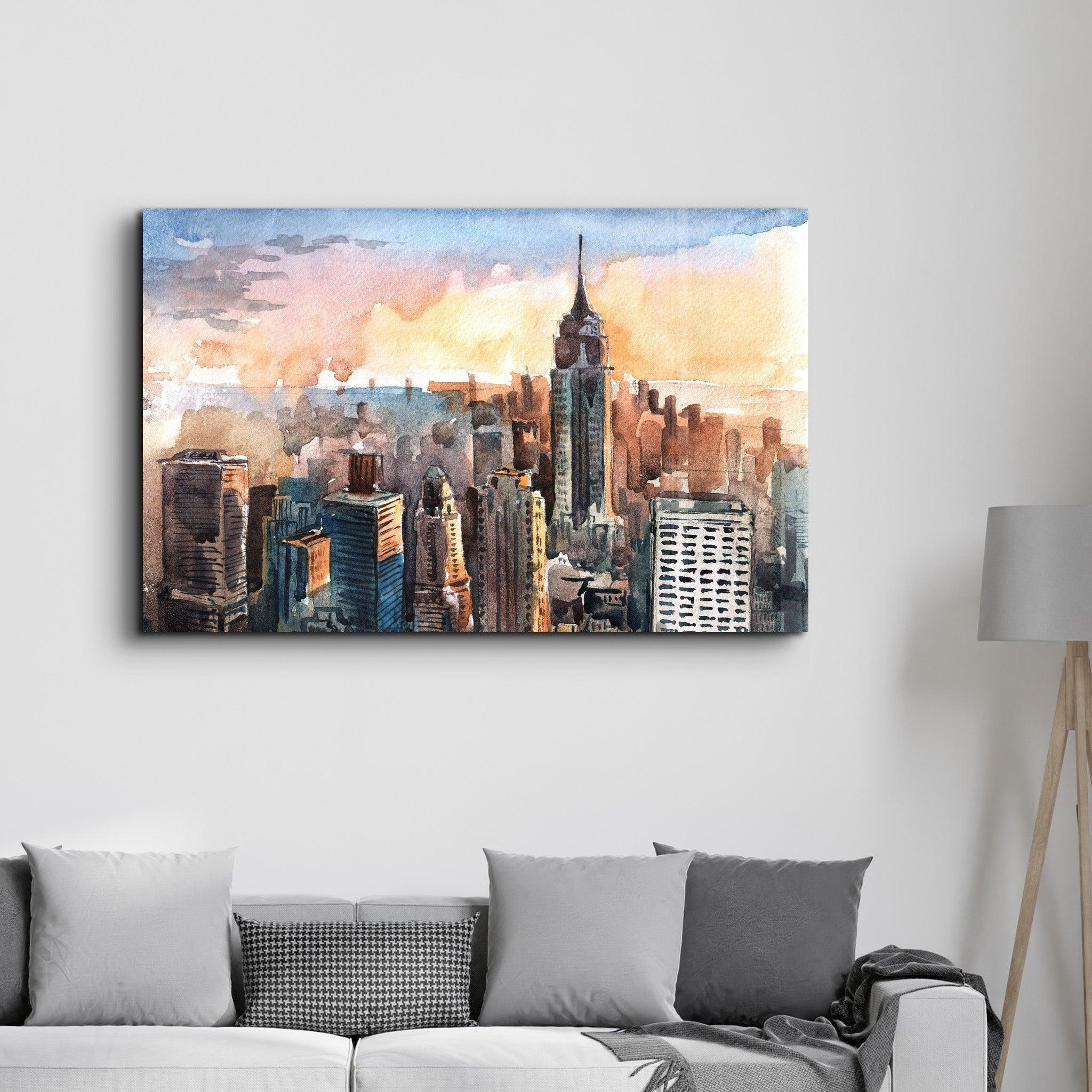 New York Watercolor Painting | Glass Wall Art - Artdesigna