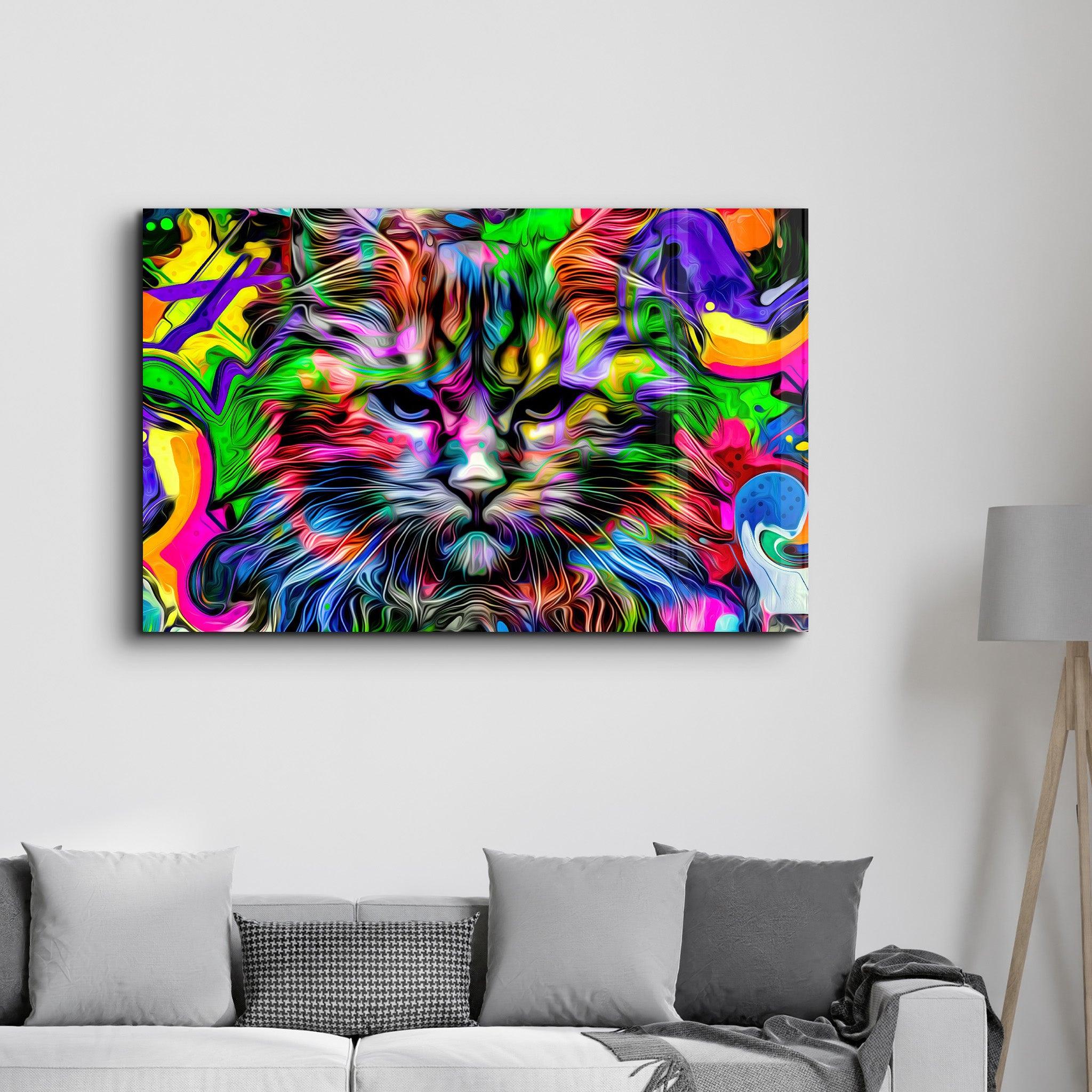 Colorful Cat | Glass Wall Art - Artdesigna