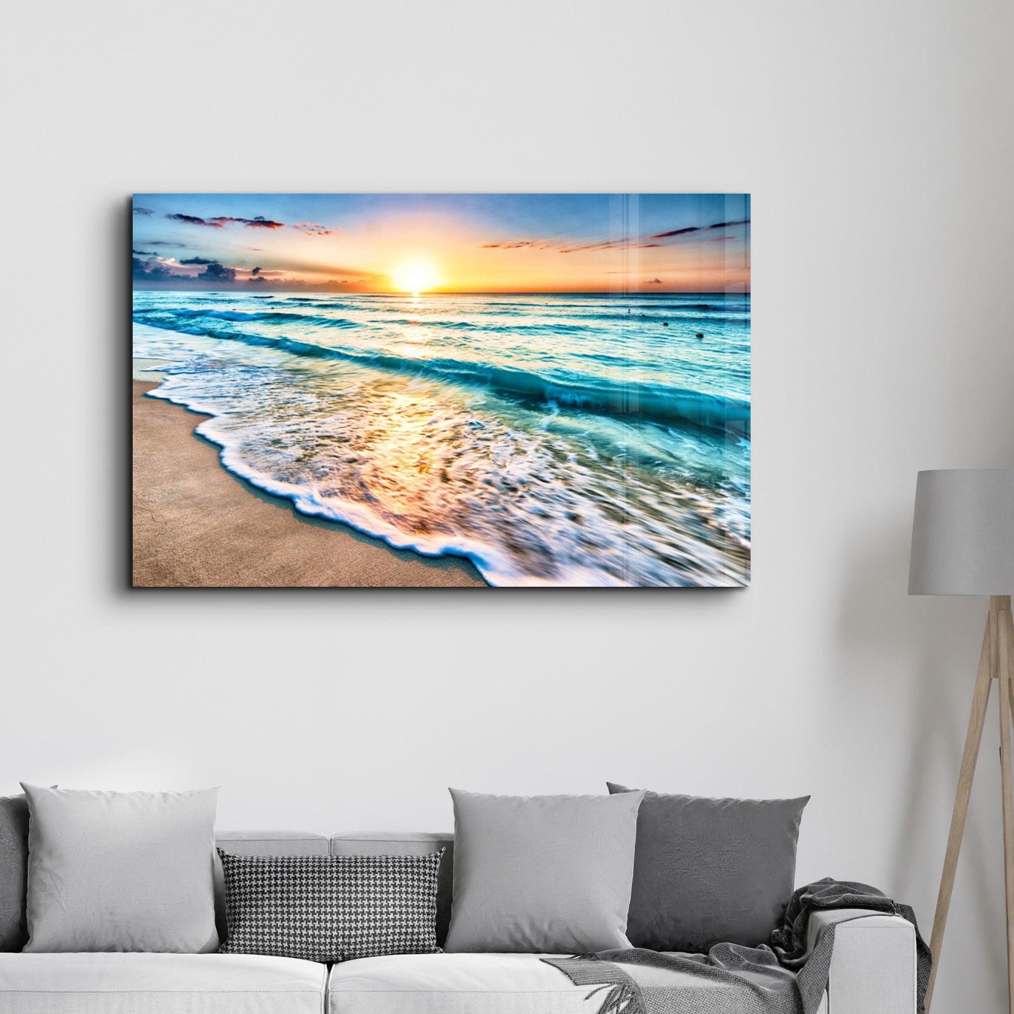 Ocean and Sunset | Glass Wall Art - Artdesigna