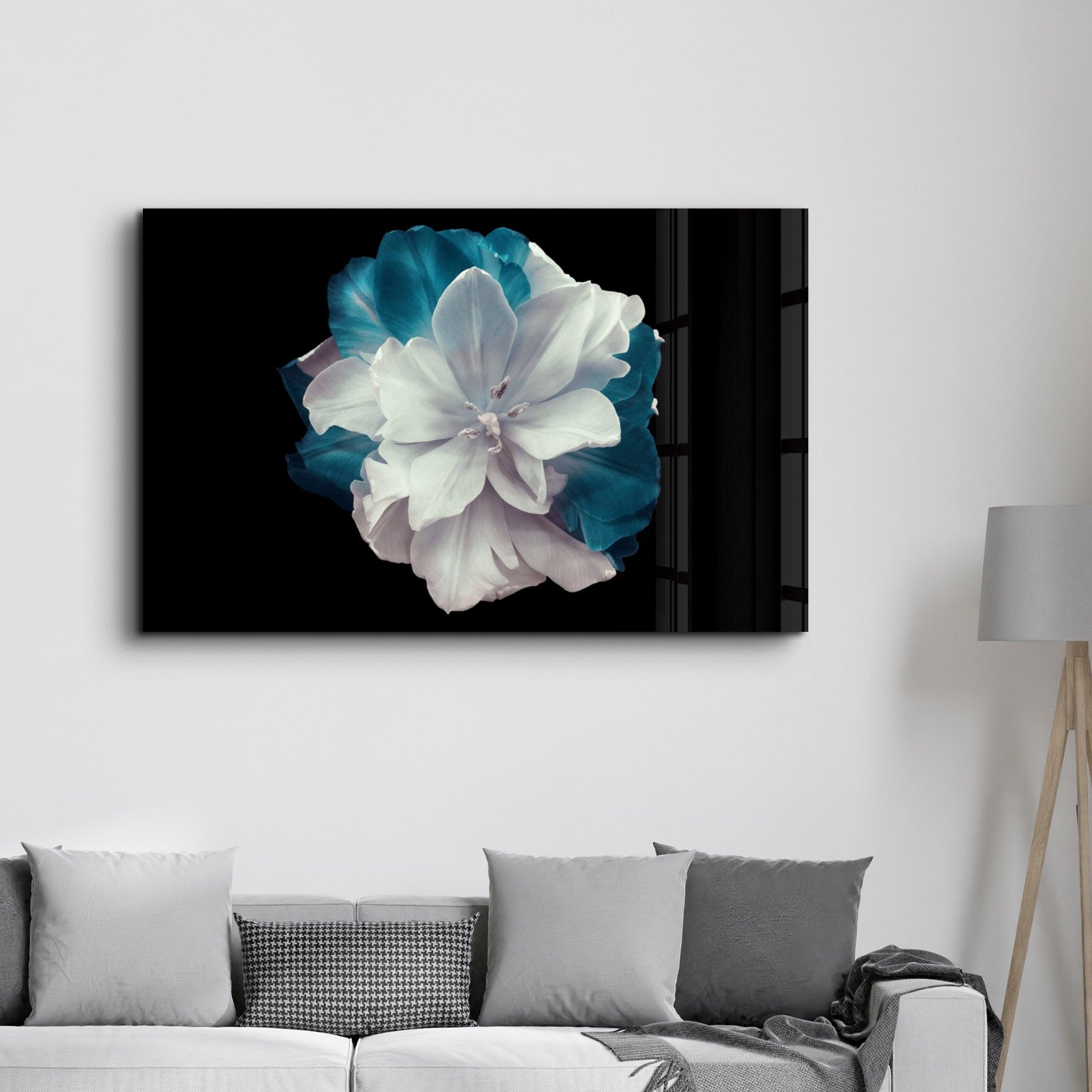 Flower with Blue Leaves | Glass Wall Art - Artdesigna