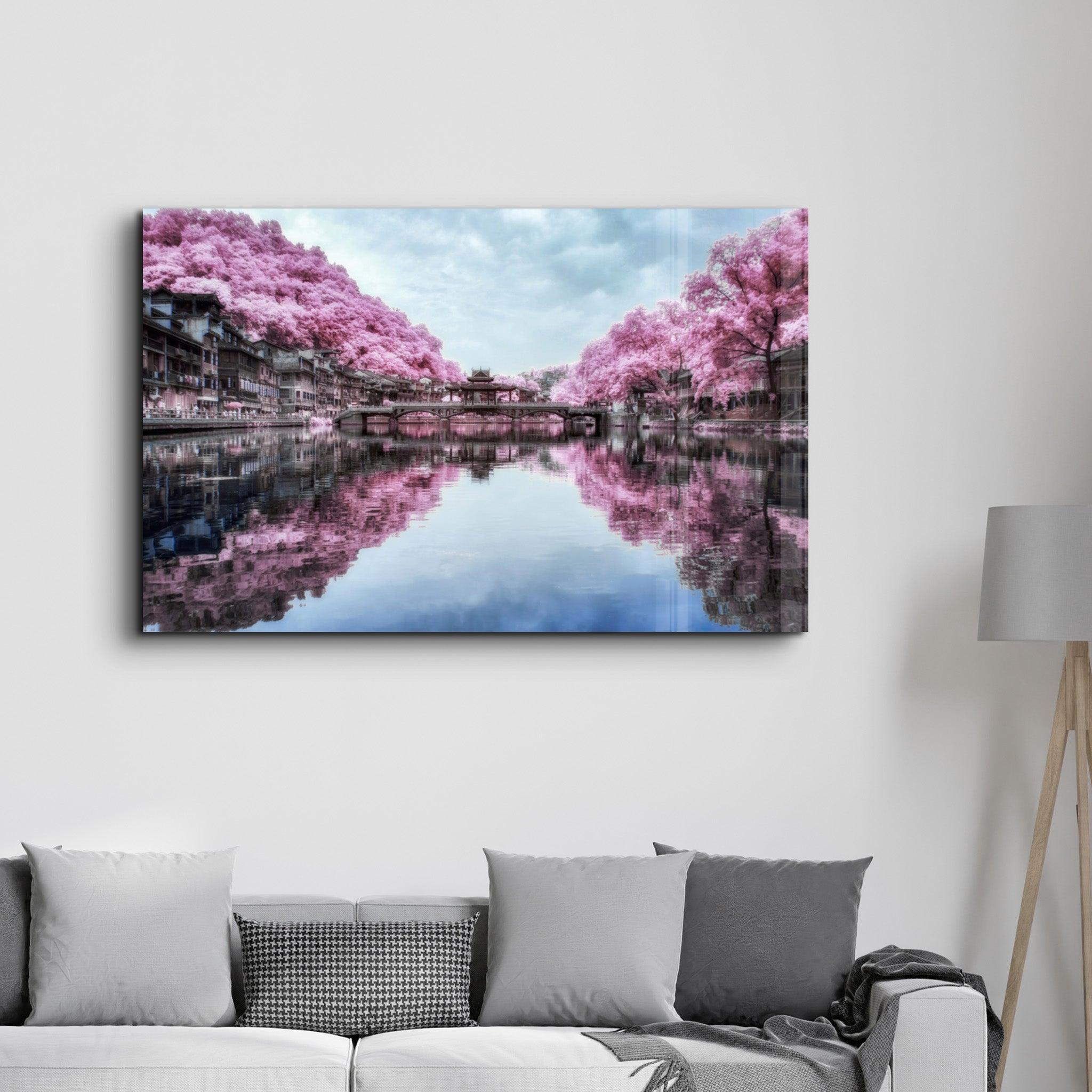 Pink Trees Reflection | Glass Wall Art - Artdesigna