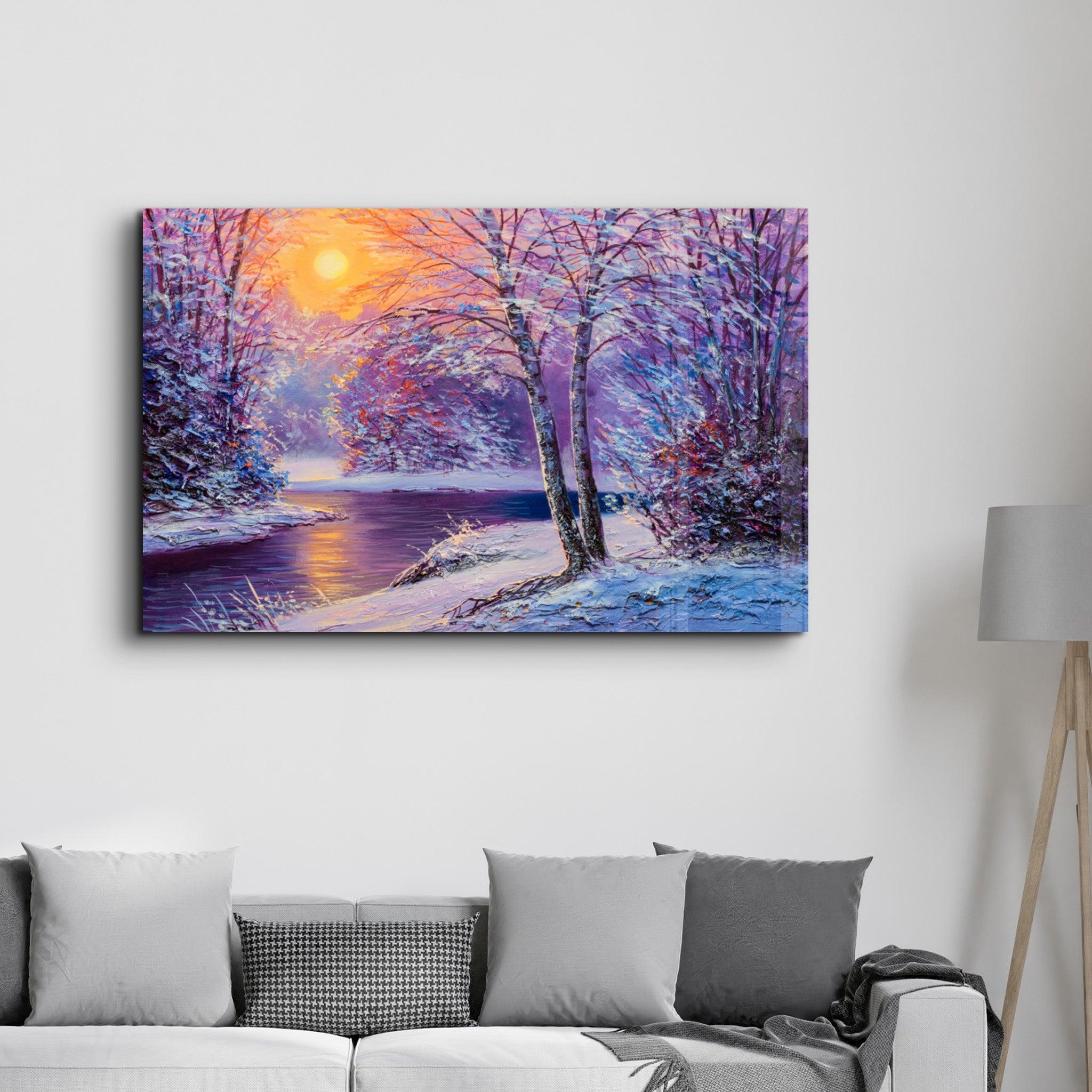 Oil Painting Winter Sunset | Glass Wall Art - Artdesigna