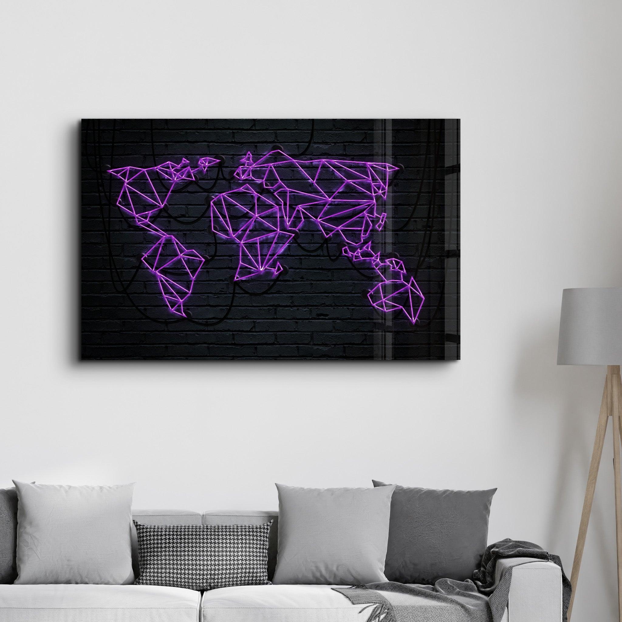 Purple World Map | Glass Wall Art - Artdesigna