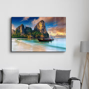 Boat on the Beach - Far East | Glass Wall Art - Artdesigna