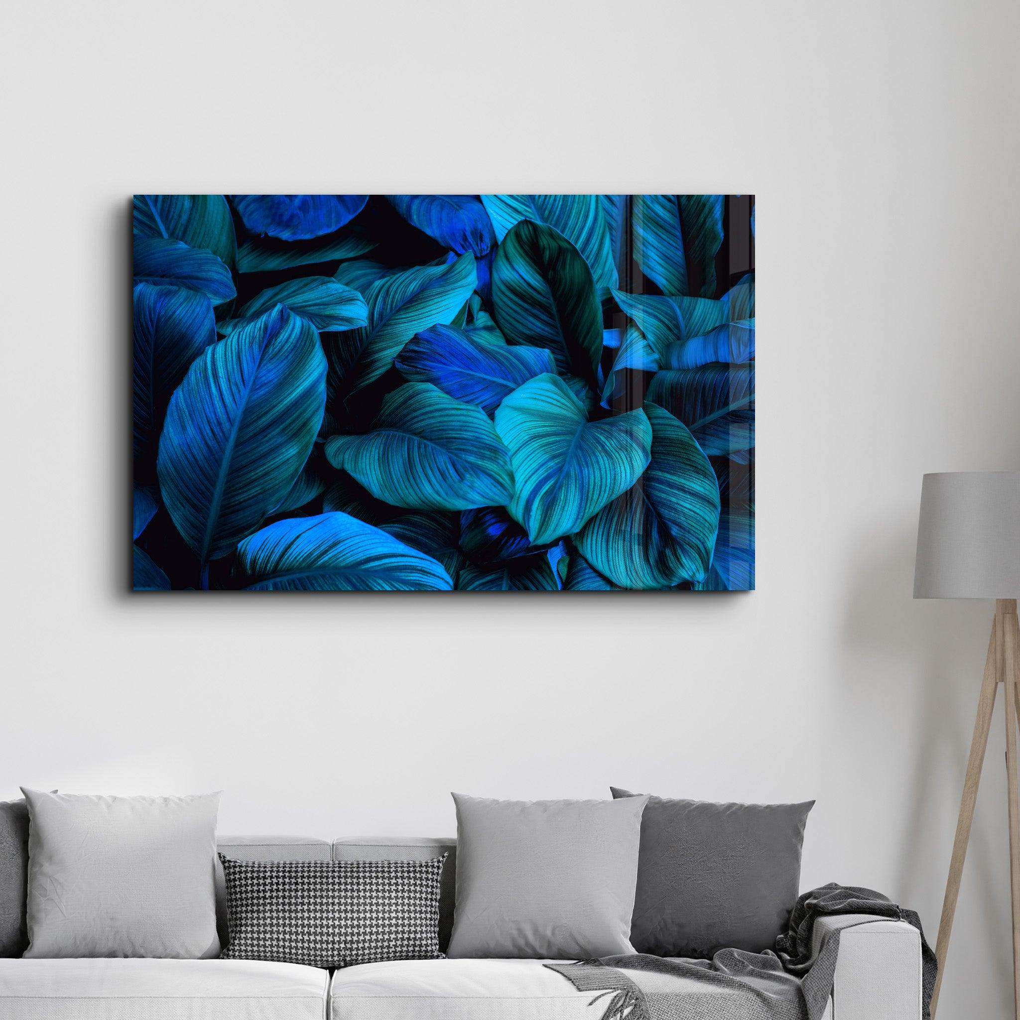 Blue Leaves | Glass Wall Art - Artdesigna