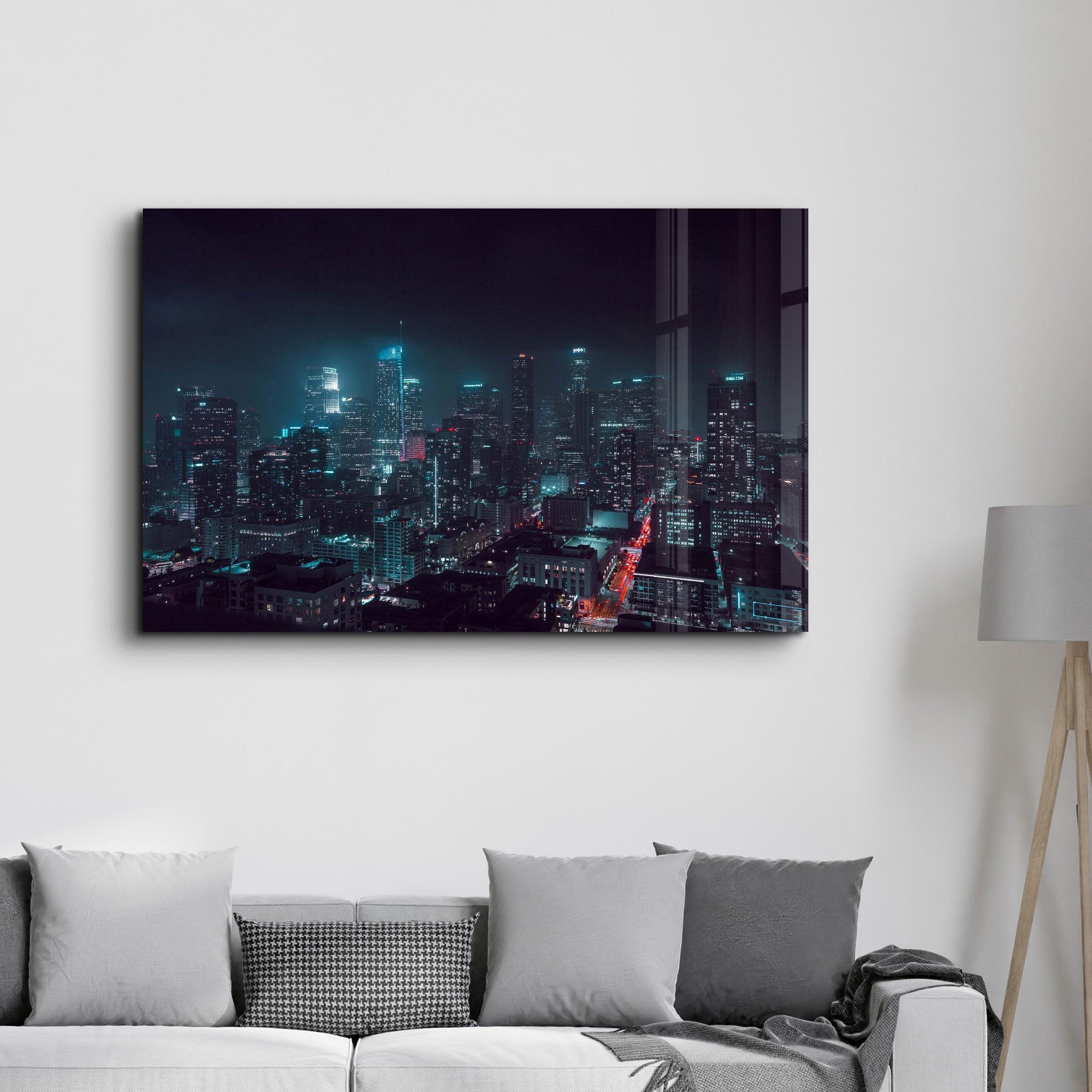 Los Angeles Skyline at Night | Glass Wall Art - Artdesigna