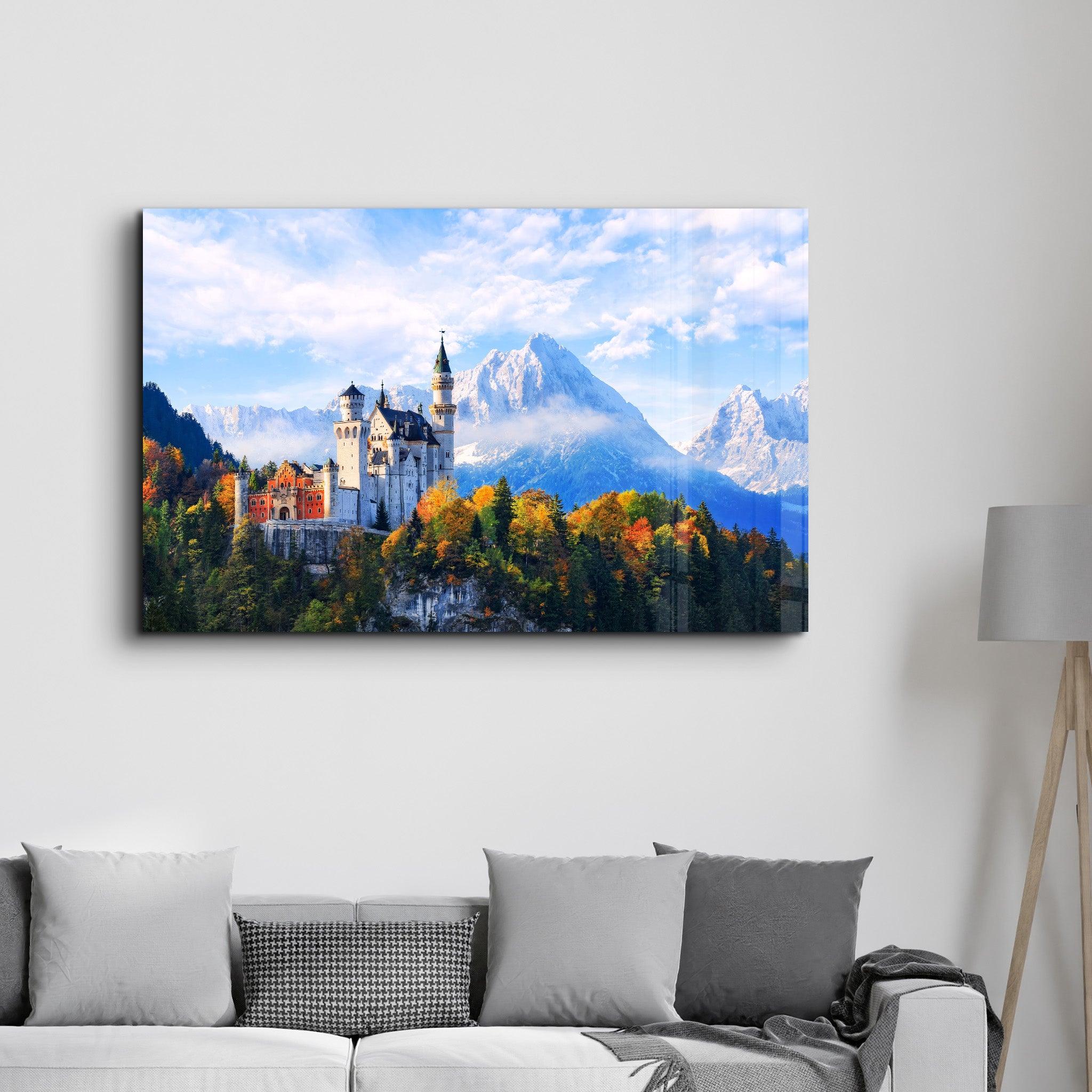 Beautiful view of Neuschwanstein castle in the Bavarian Alps, Germany | Glass Wall Art - Artdesigna