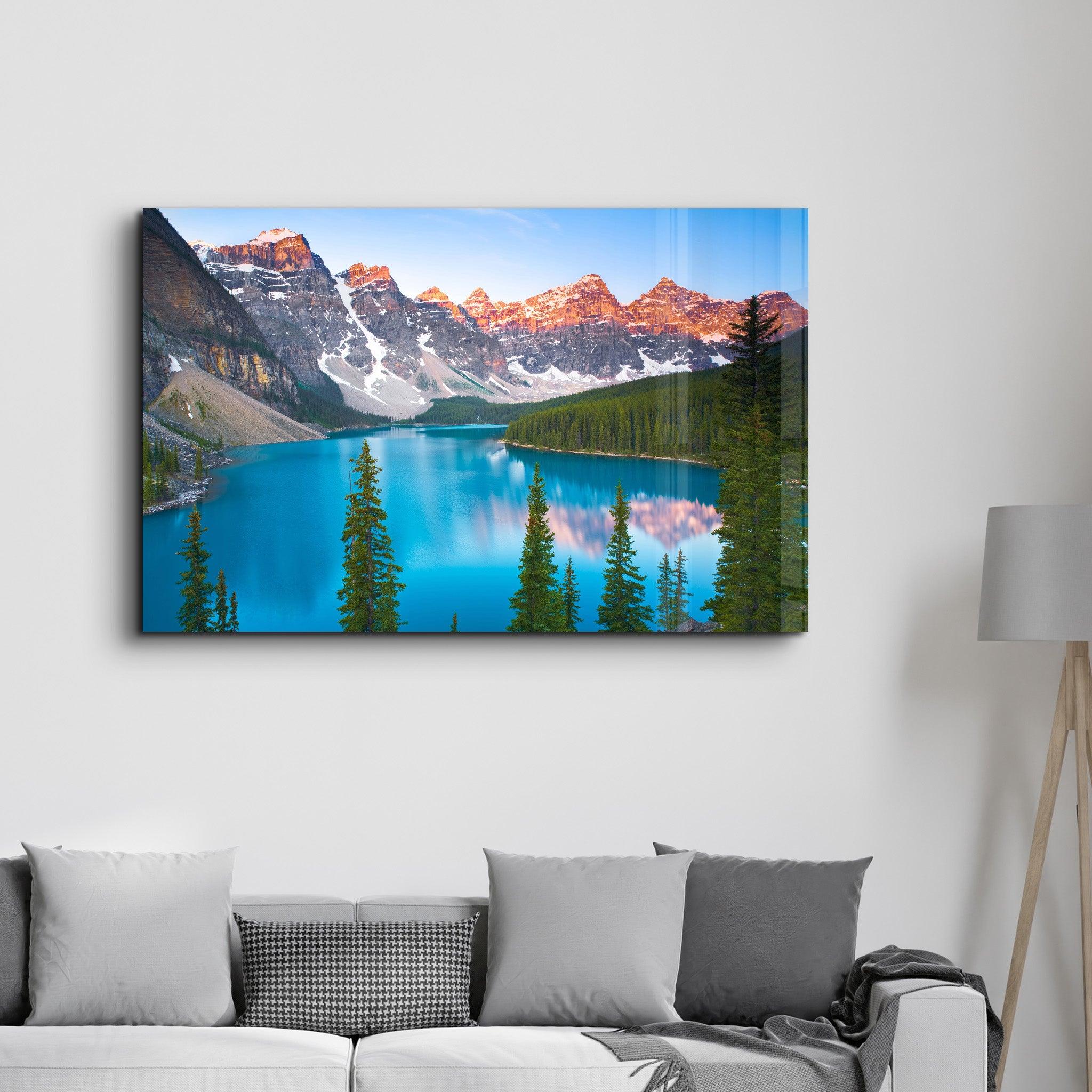 Dawn over Moraine Lake in Canada's Banff National Park | Glass Wall Art - Artdesigna