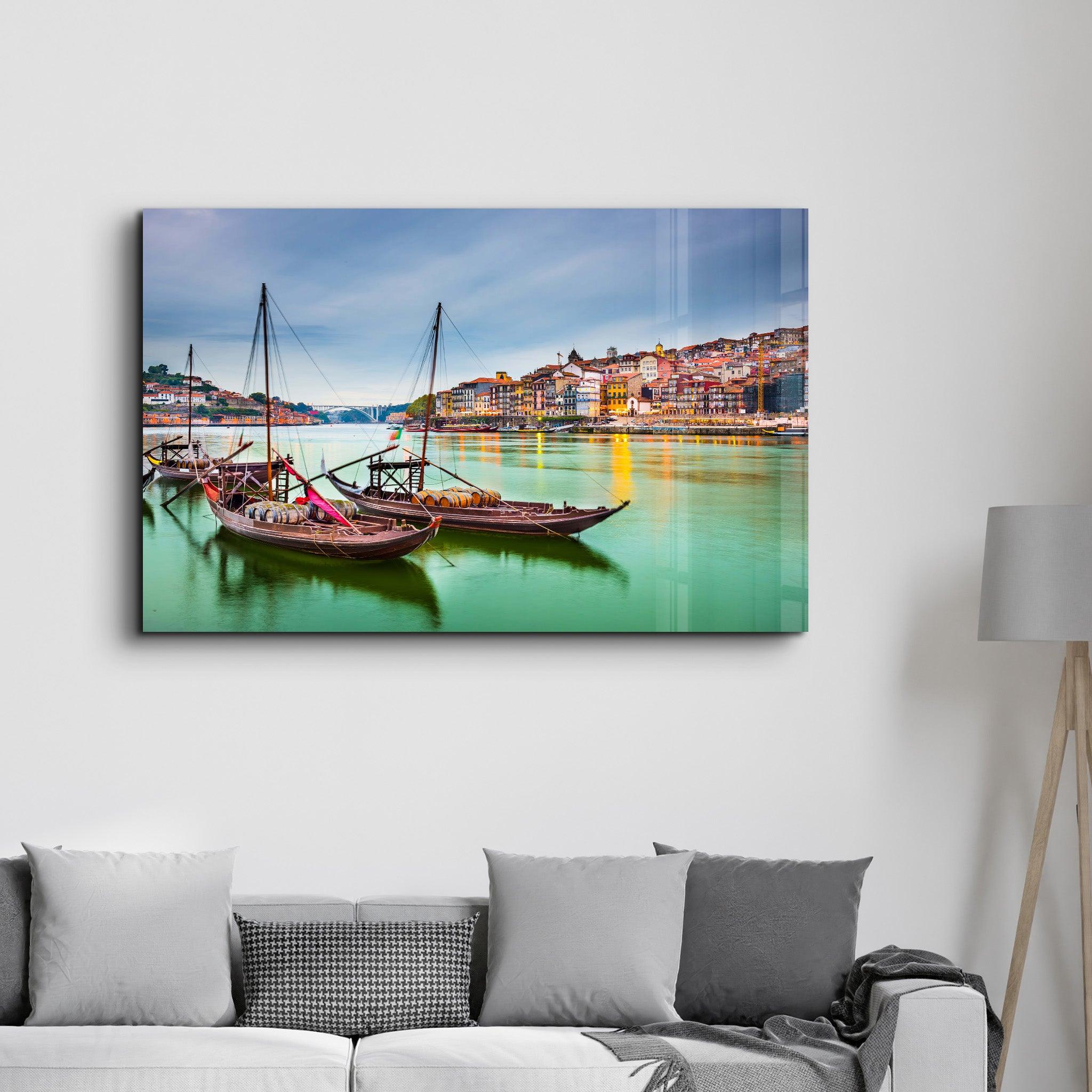 Porto, Portugal old town cityscape on the Douro River with traditional Rabelo boats. | Glass Wall Art - Artdesigna