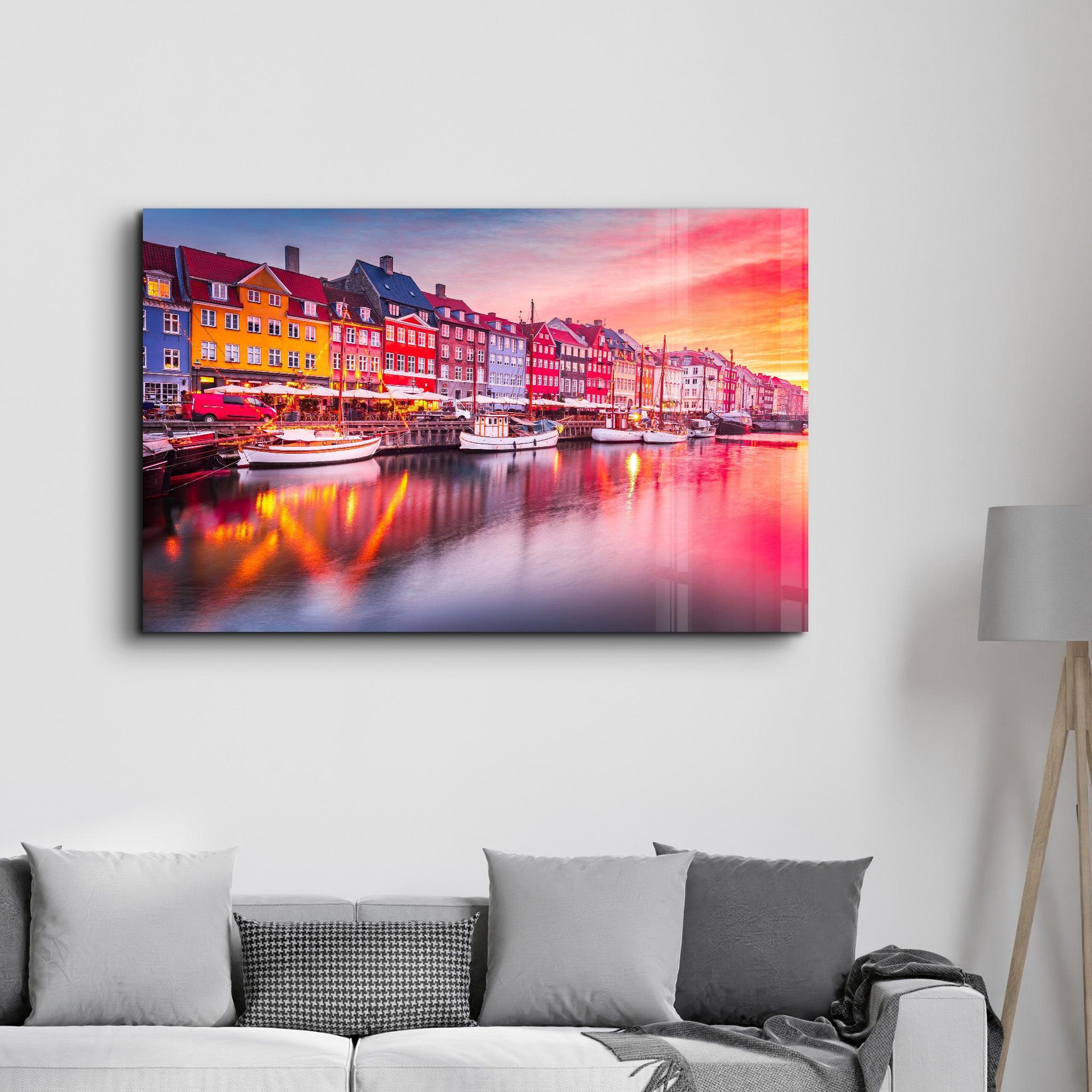 Copenhagen, Denmark. Experience the breathtaking beauty of Nyhavn canal at sunrise | Glass Wall Art - Artdesigna