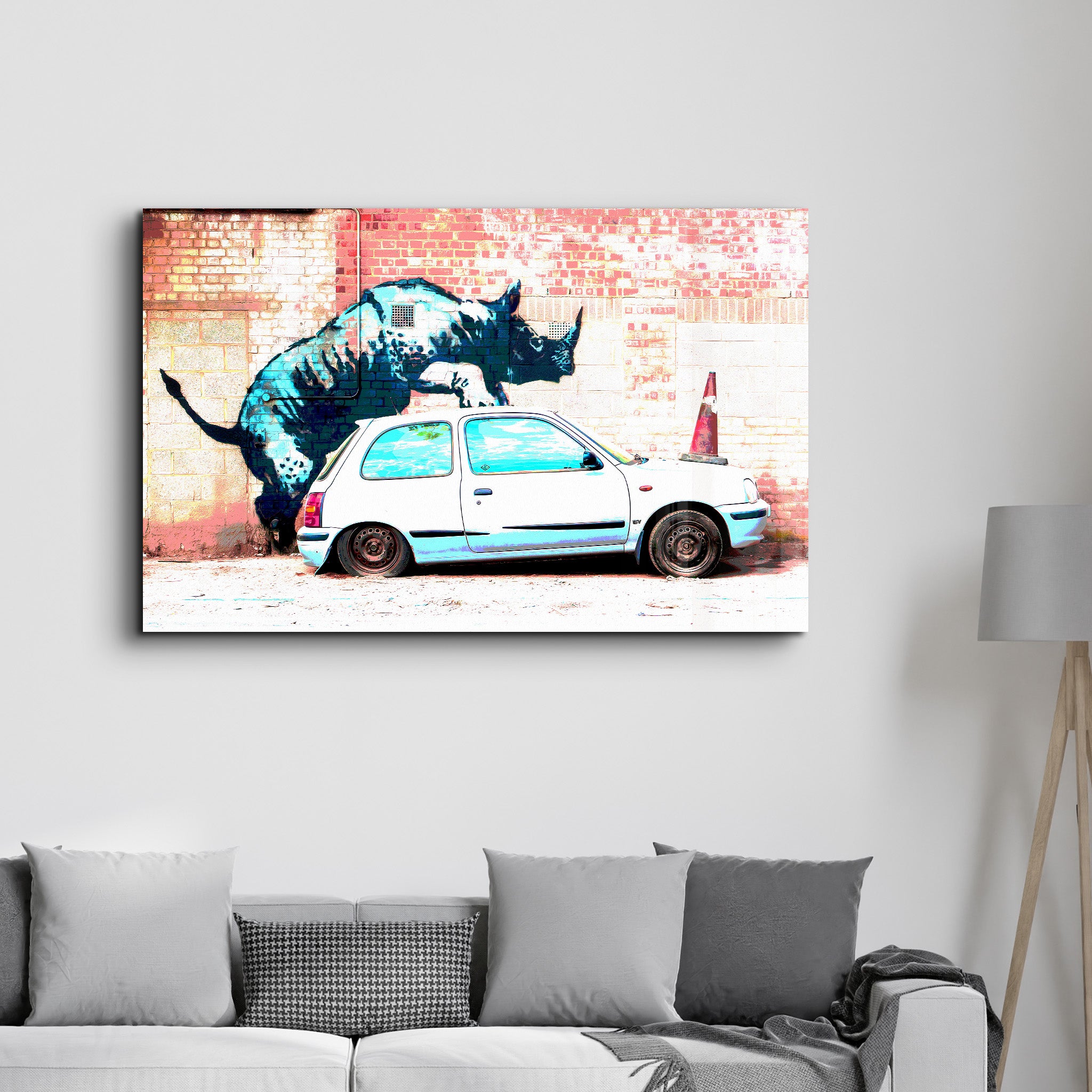 Banksy - Rhino on the Car - Glass Wall Art - Artdesigna