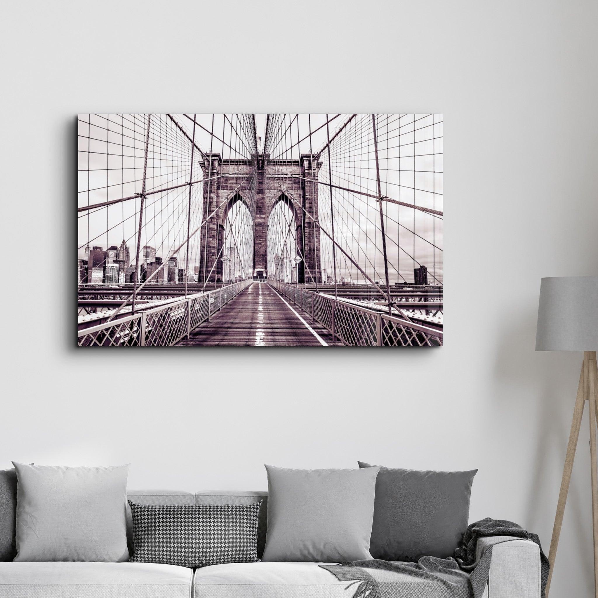 Brooklyn Bridge Retro Bronze | Glass Wall Art - Artdesigna