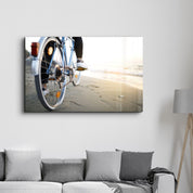 Riding A Bike On The Calm Beach | Glass Wall Art - Artdesigna