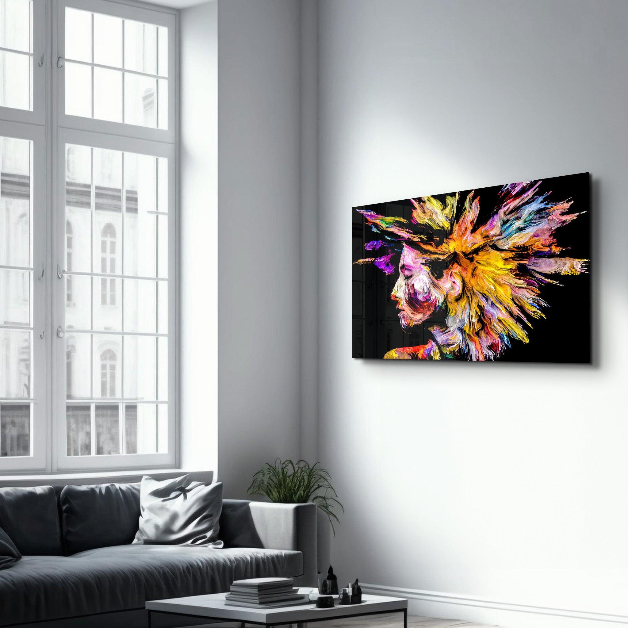 Abstract Colorful Woman Portrait V1 | Glass Wall Art - Artdesigna