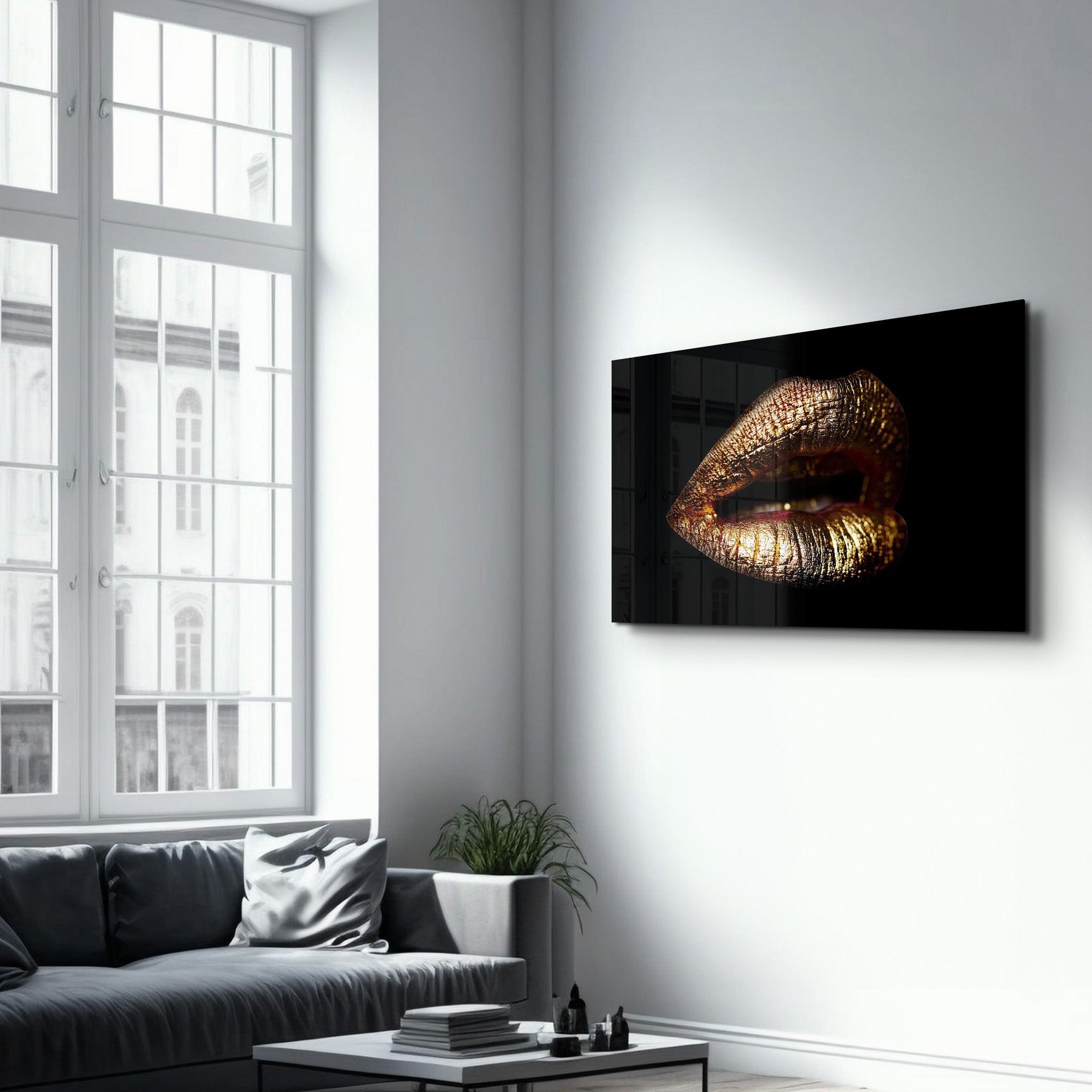 Golden Lips | Glass Wall Art - Artdesigna