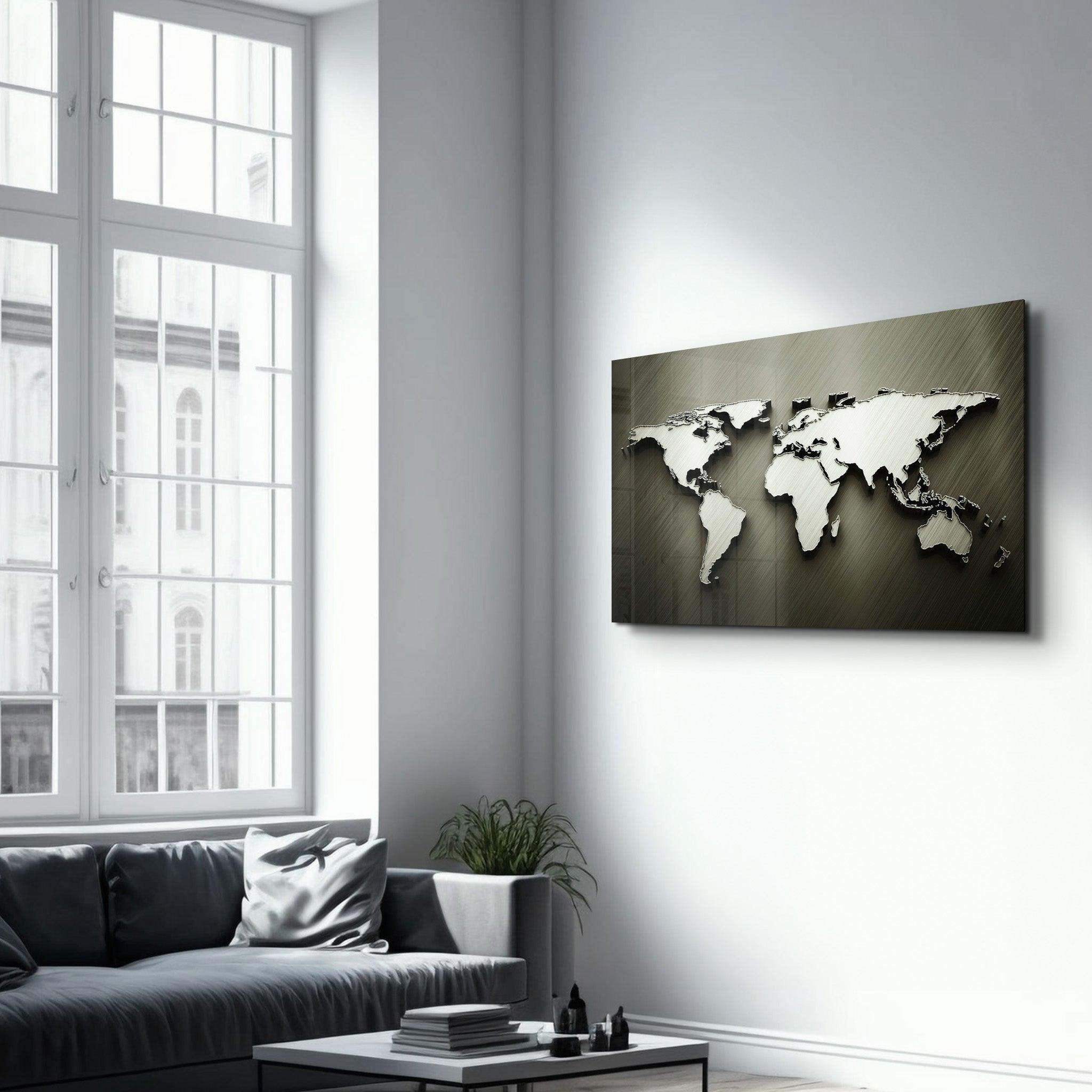 Metallic World Map | Glass Wall Art - Artdesigna