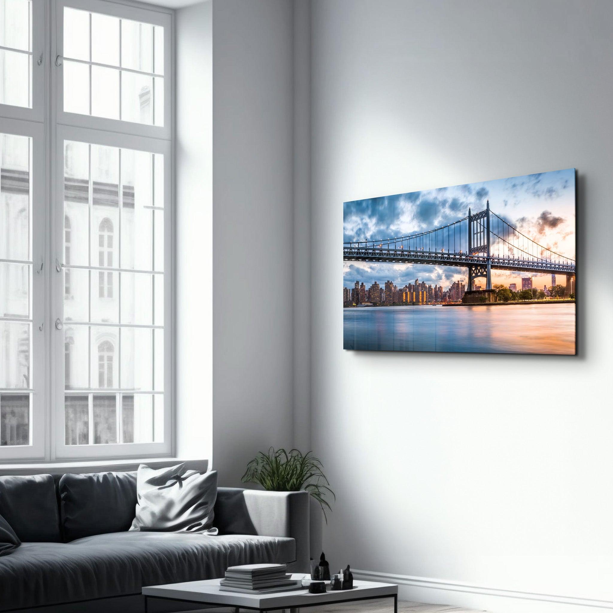 Sunset With Brooklyn Bridge | Glass Wall Art - Artdesigna