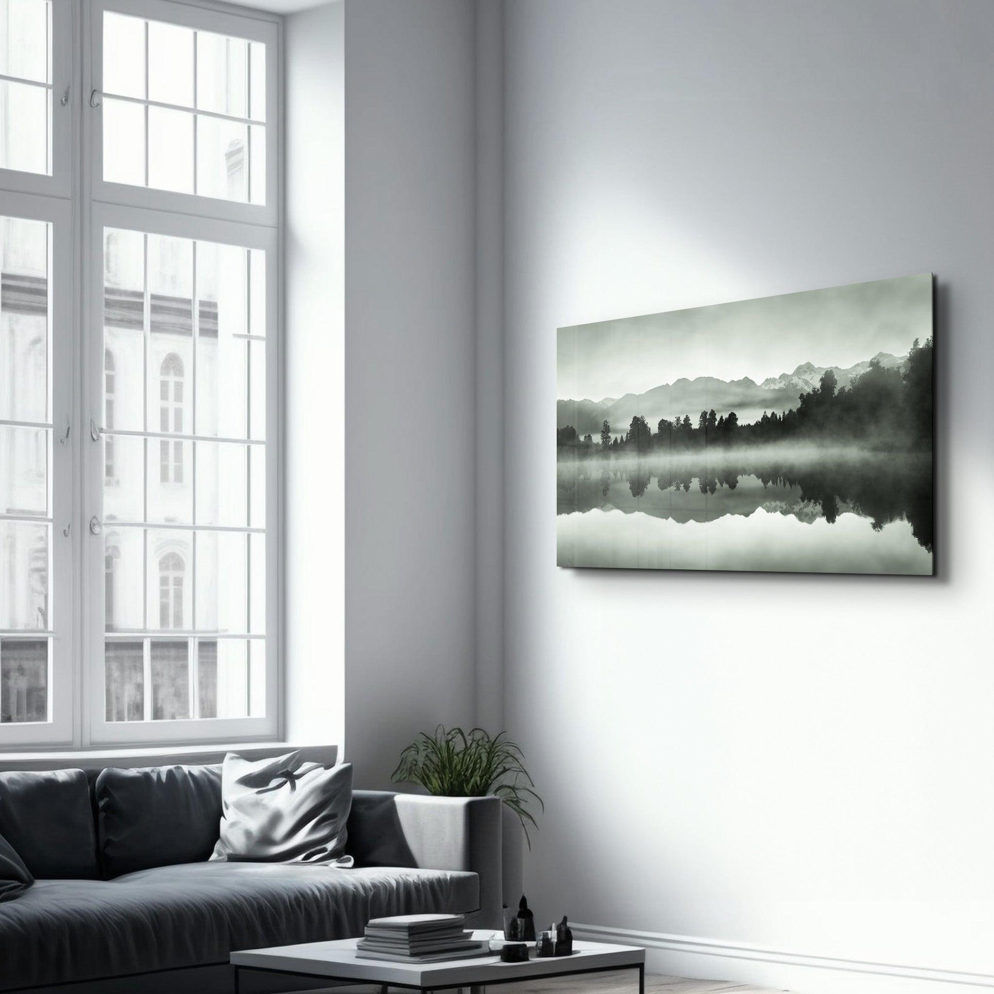 Foggy Lake | Glass Wall Art - Artdesigna