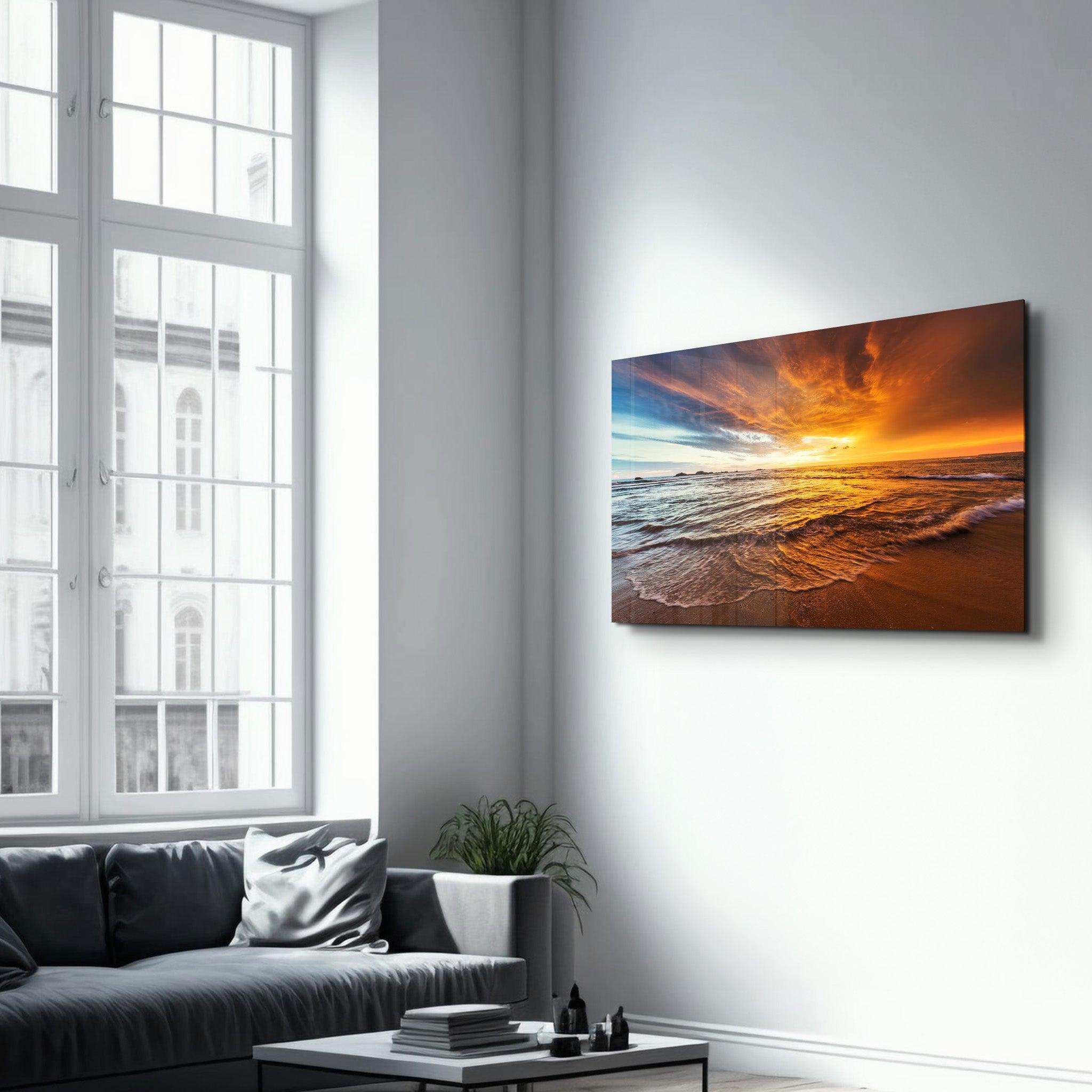 Endless Ocean Wtih Sunset | Glass Wall Art - Artdesigna