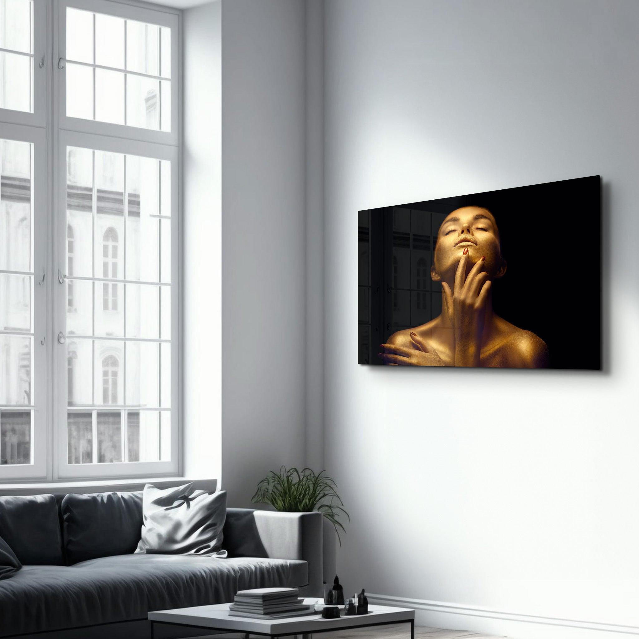 Beauty Woman With Golden Skin | Glass Wall Art - Artdesigna