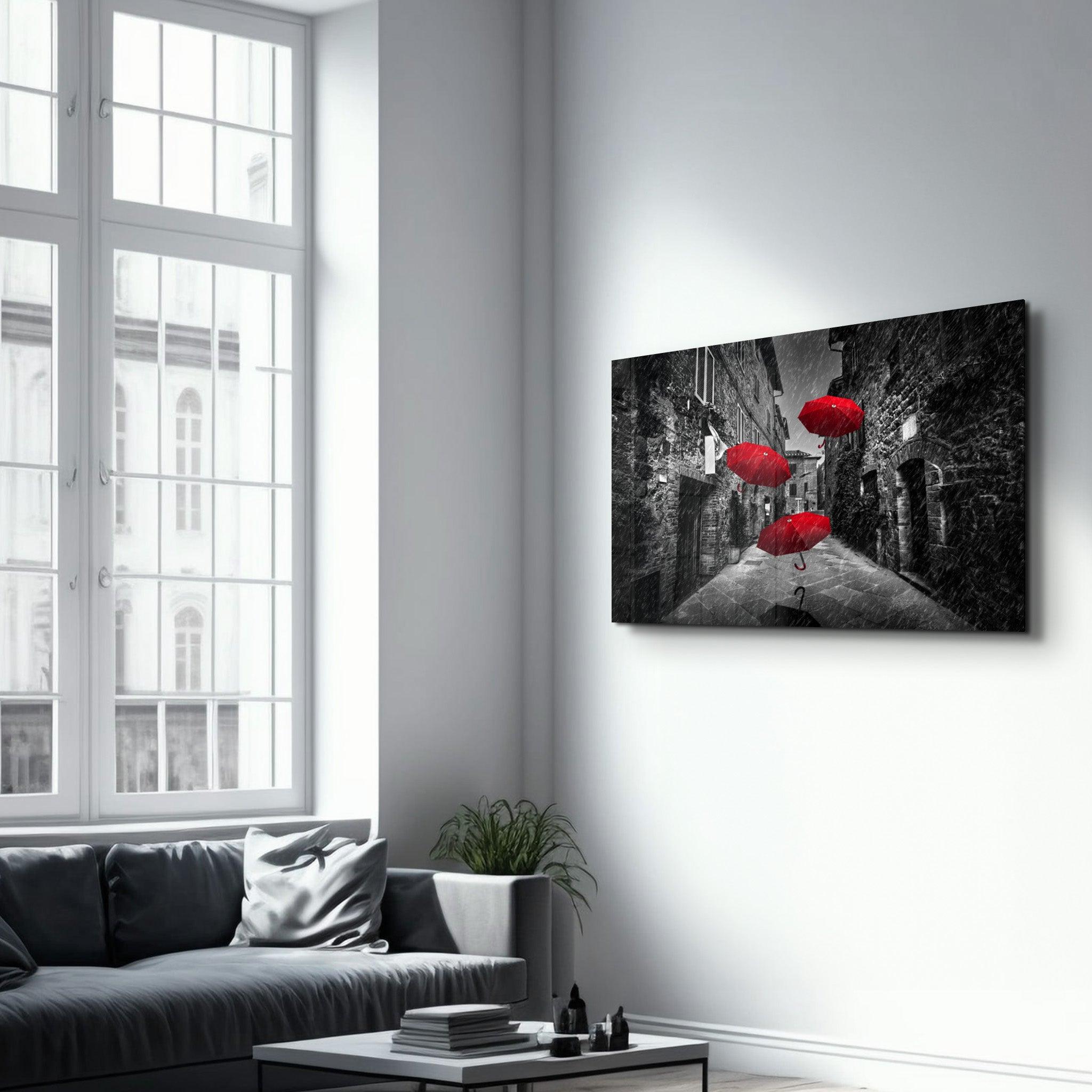 Red Umbrellas | Glass Wall Art - Artdesigna