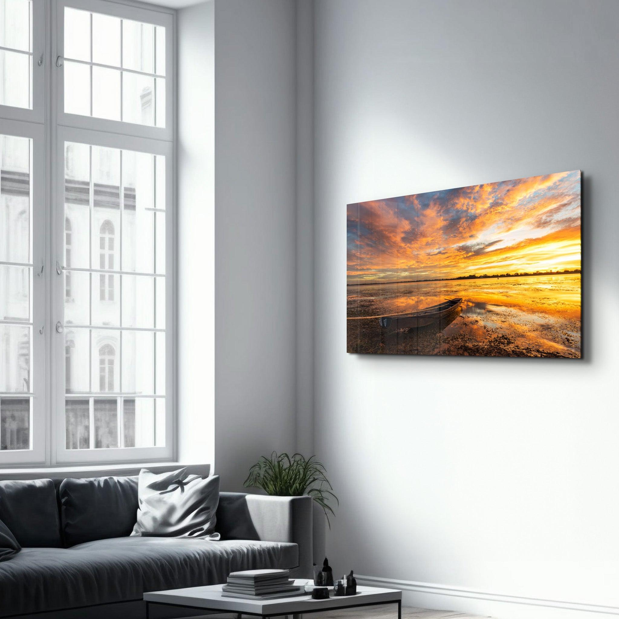 Golden Sunset over the Lake | Glass Wall Art - Artdesigna