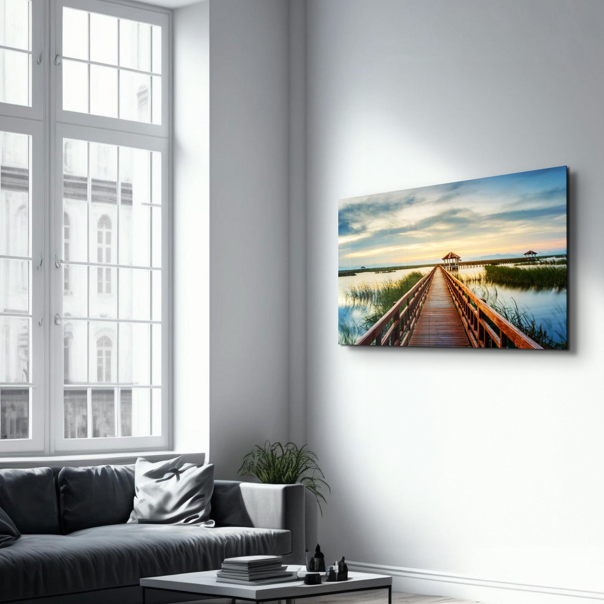 Long Pier on the Lake | Glass Wall Art - Artdesigna