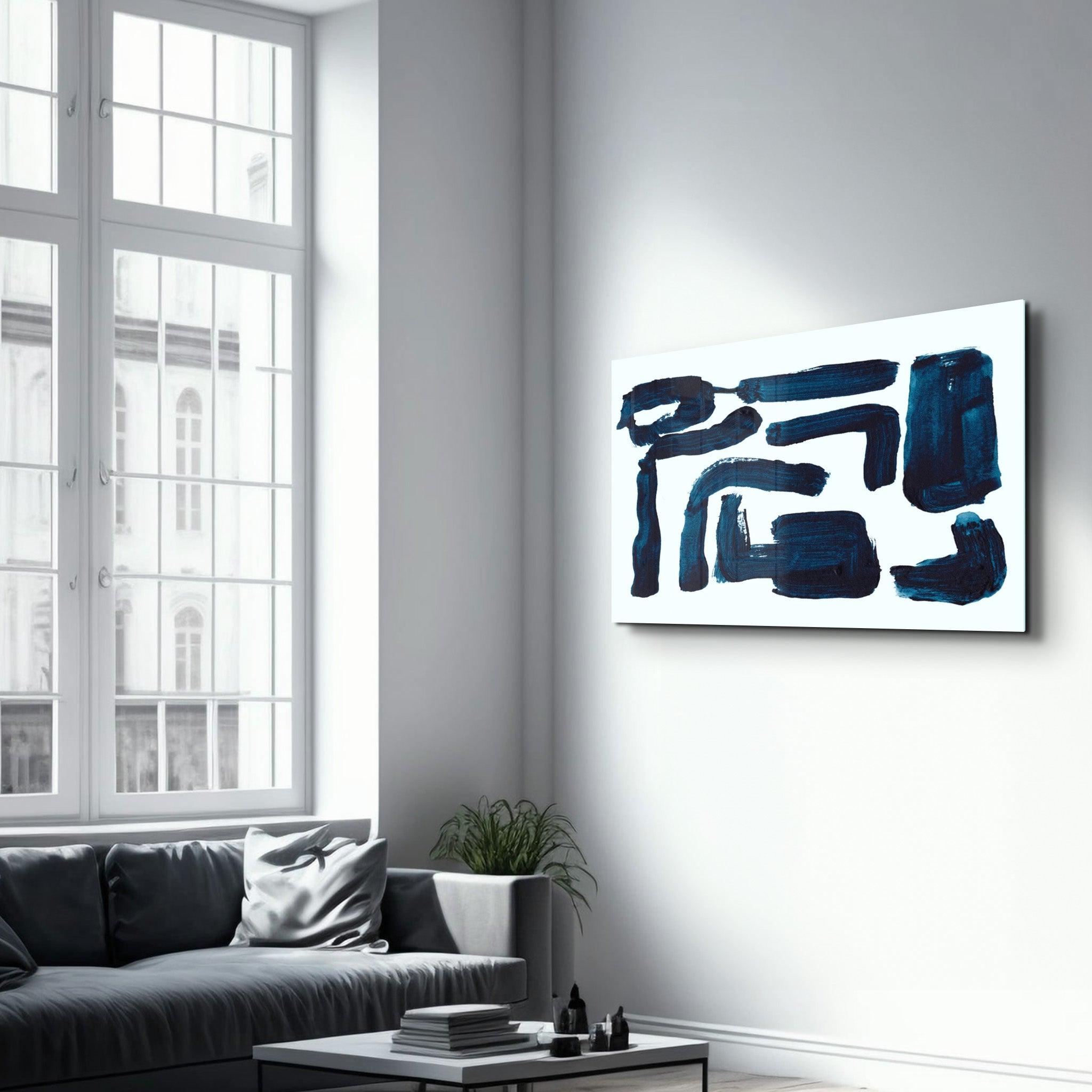 Blue Brush Marks | Glass Wall Art - Artdesigna