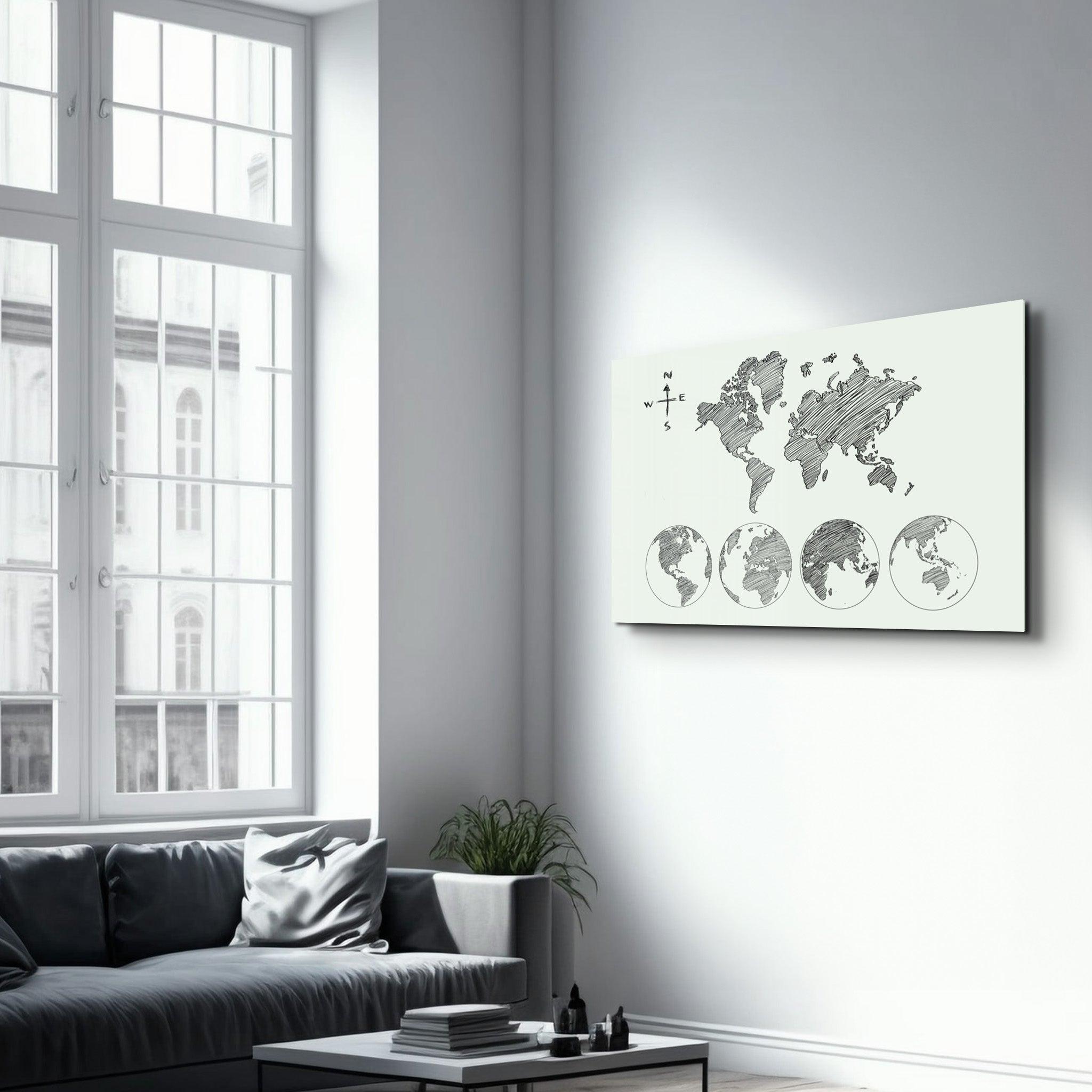 World Map White-Black | Glass Wall Art - Artdesigna