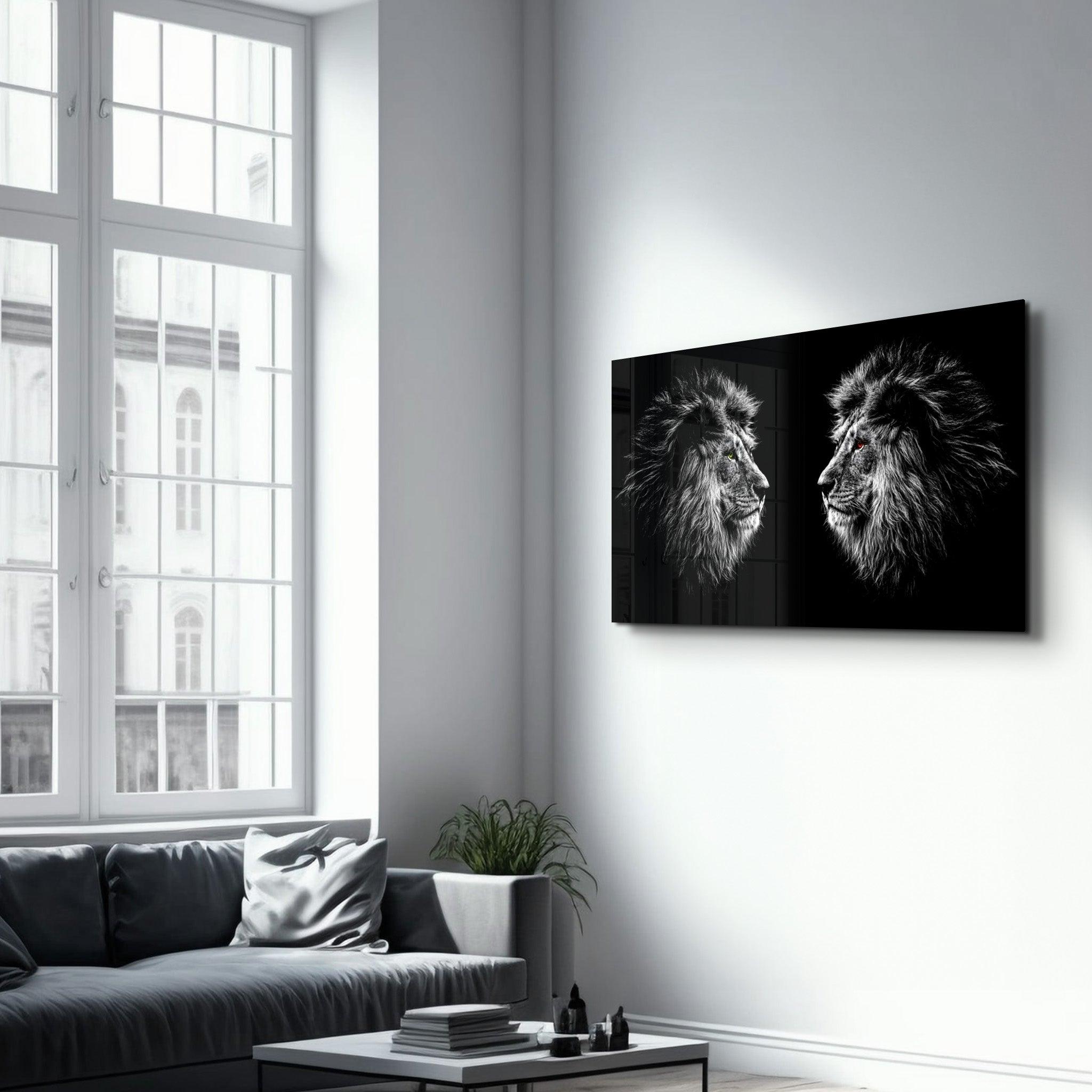 Lions Confrontation BW | Glass Wall Art - Artdesigna