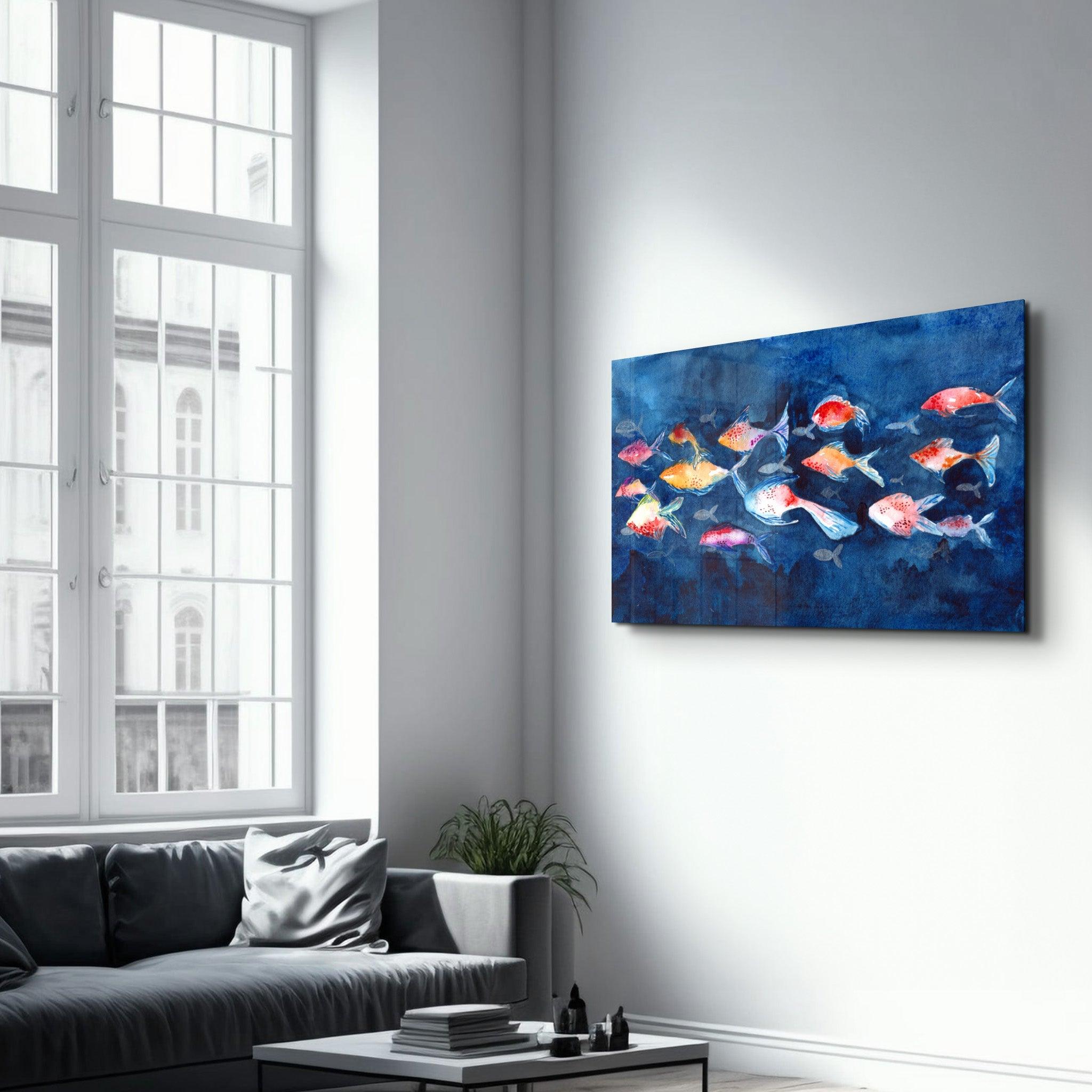 School of Fish | Glass Wall Art - Artdesigna