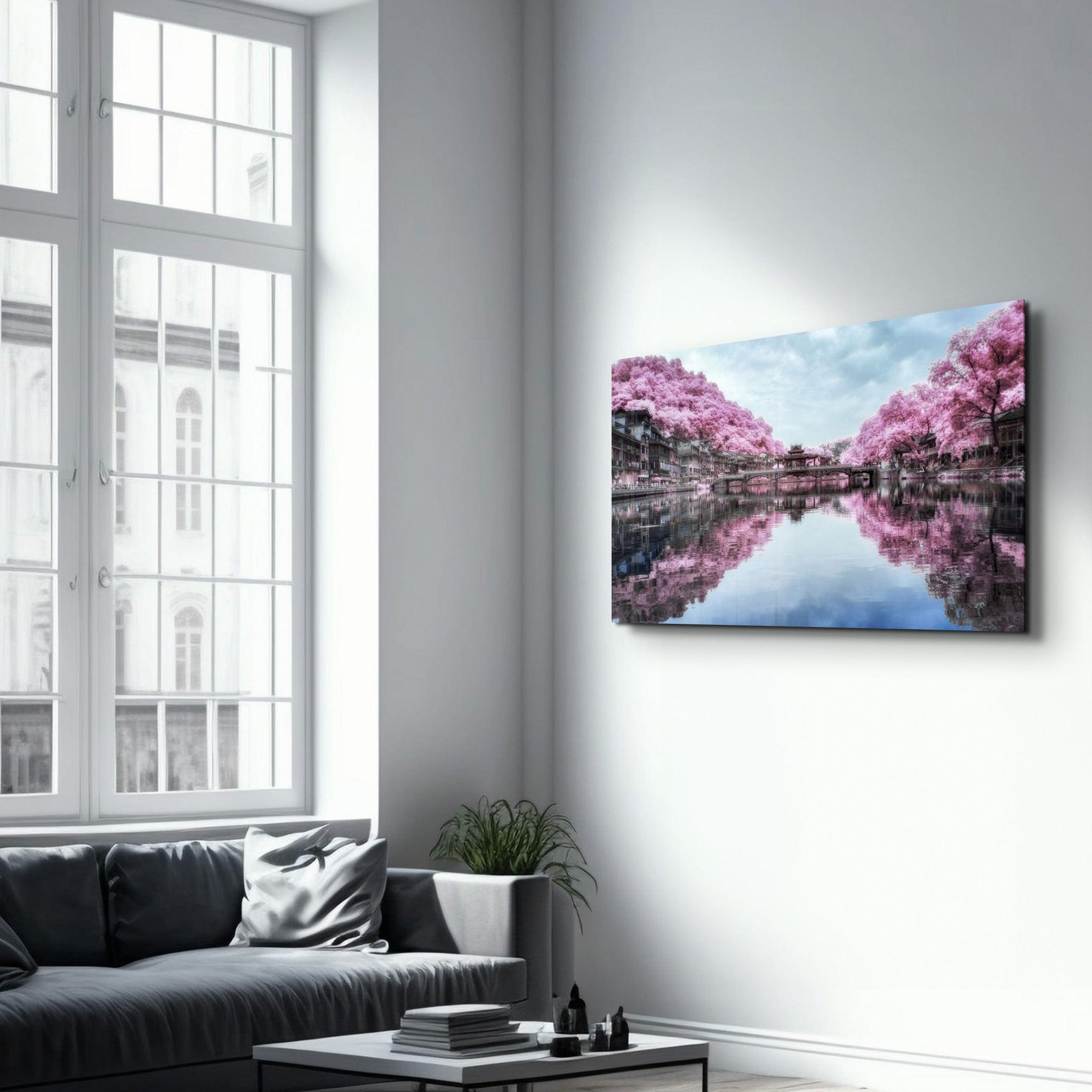 Pink Trees Reflection | Glass Wall Art - Artdesigna