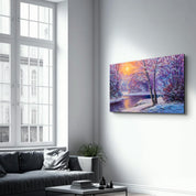 Oil Painting Winter Sunset | Glass Wall Art - Artdesigna