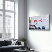 Banksy - Parking | Designer's Collection Glass Wall Art - Artdesigna