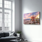 Fujiyoshida, Japan at Chureito Pagoda and Mt. Fuji in the spring with cherry blossoms | Glass Wall Art - Artdesigna