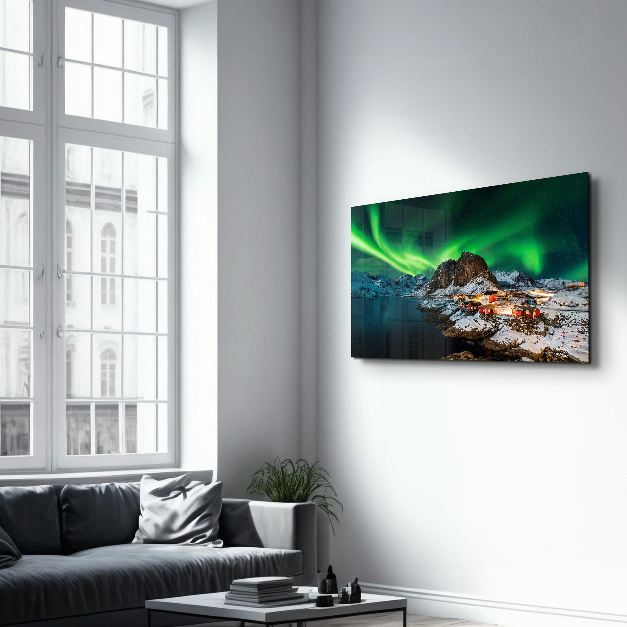 Aurora borealis over Hamnoy in Norway | Glass Wall Art - Artdesigna