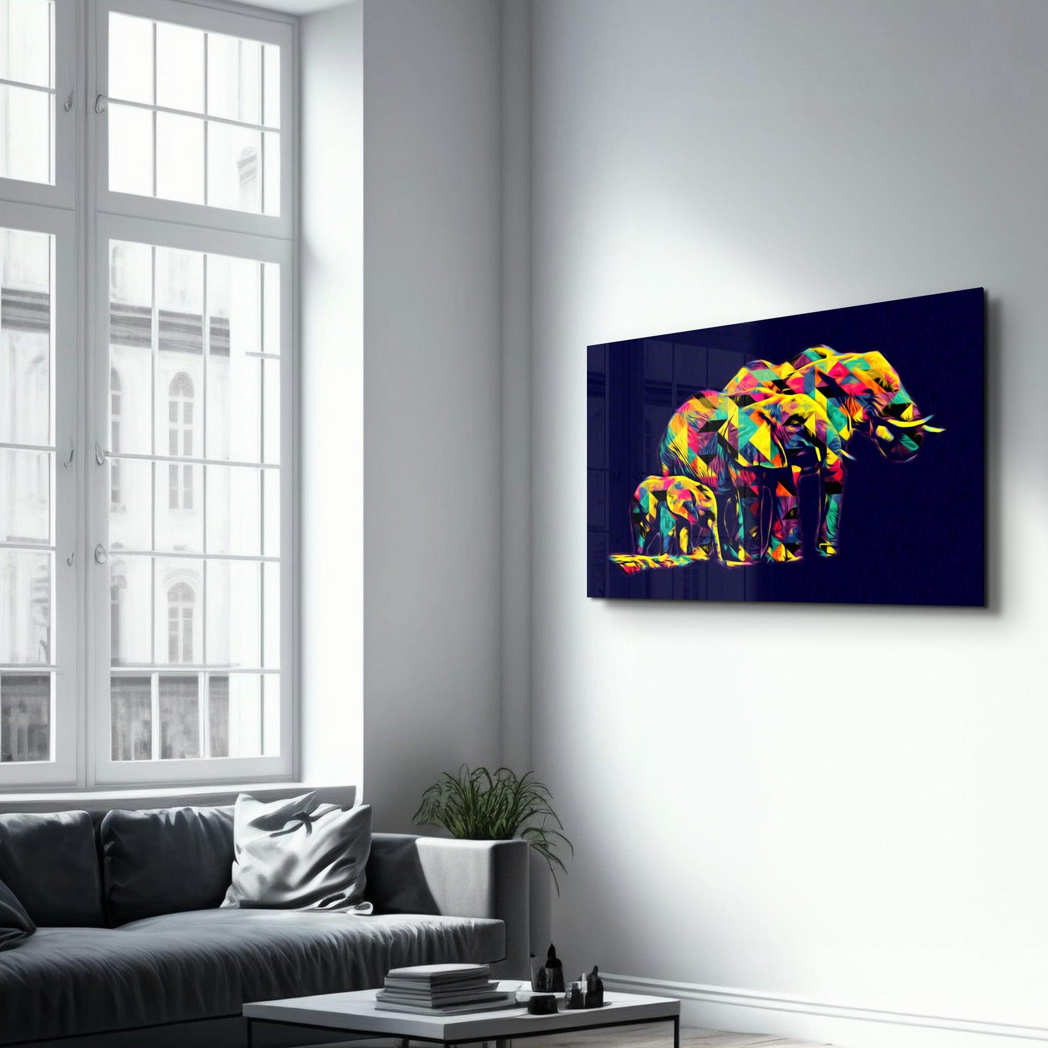 Colormix Elephant Family | Glass Wall Art - Artdesigna