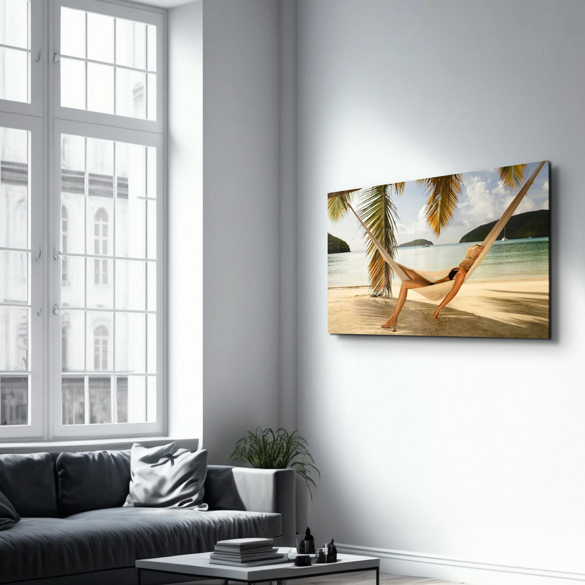 Hammock Under Palm Trees | Glass Wall Art - Artdesigna